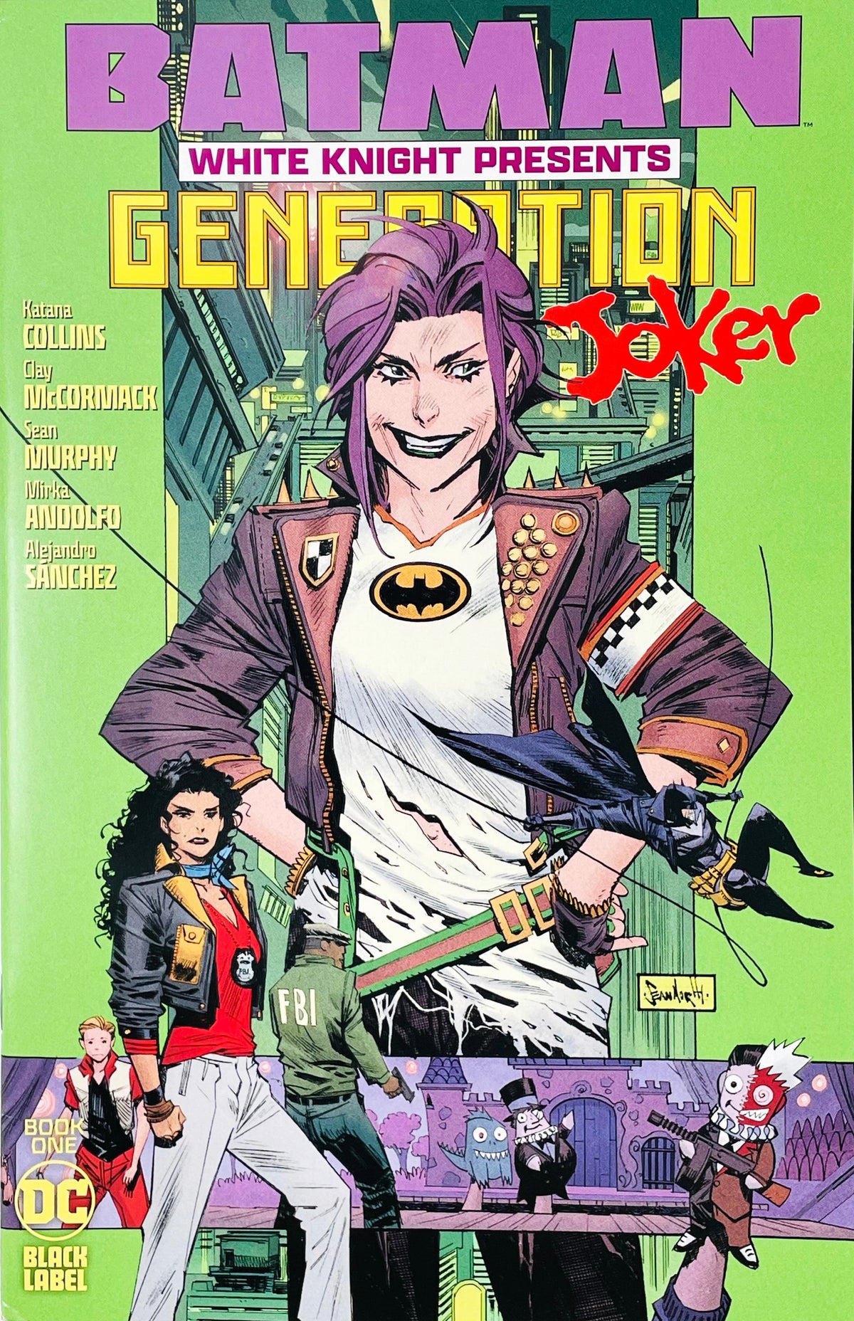 Batman White Knight Presents Generation Joker issue 1 comic book published by DC Black Label featuring Sean Murphy cover art of Jackie Quinzel with purple hair and Harley Quinn.