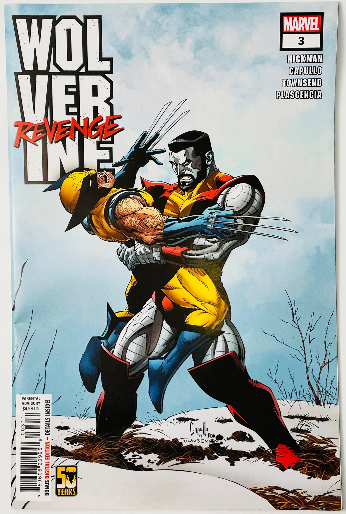 Marvel's Wolverine: Revenge #3 comic book cover featuring Wolverine in a yellow and blue costume with claws extended, holding an opponent in a snowy outdoor setting. The Marvel logo is visible in the top right corner.
