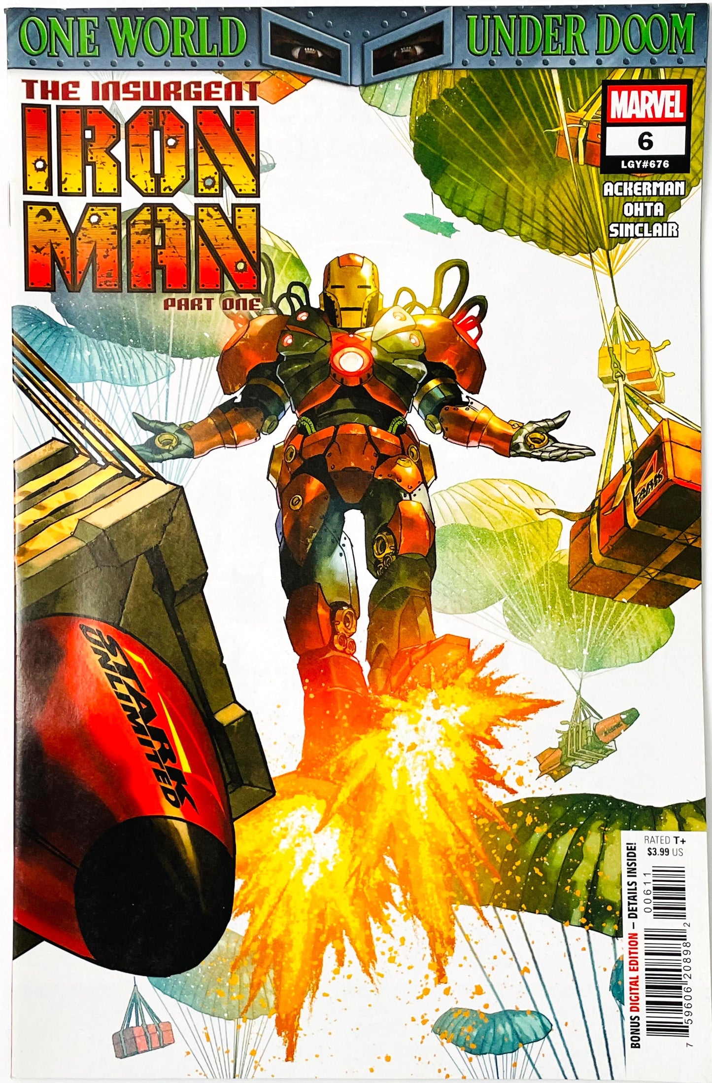 Marvel's The Insurgent Iron Man Part One #5 comic book cover, featuring Iron Man flying forward with an explosion beneath him, surrounded by parachutists and military equipment on a white background.