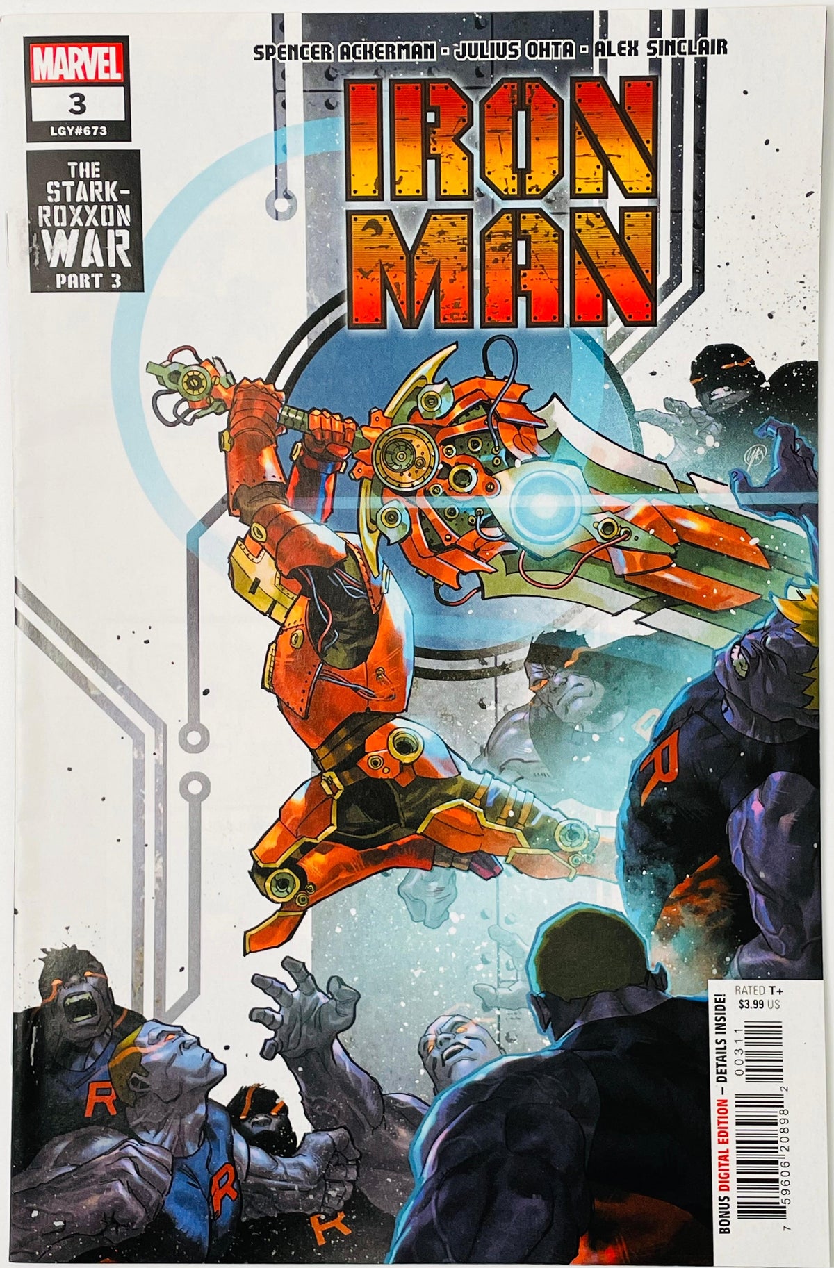 Marvel's Iron Man #3 comic book cover featuring Iron Man in orange armor flying forward with a glowing blue arc reactor, surrounded by characters from The Stark-Roxon War, with the title 'IRON MAN' in large yellow and red letters at the top.