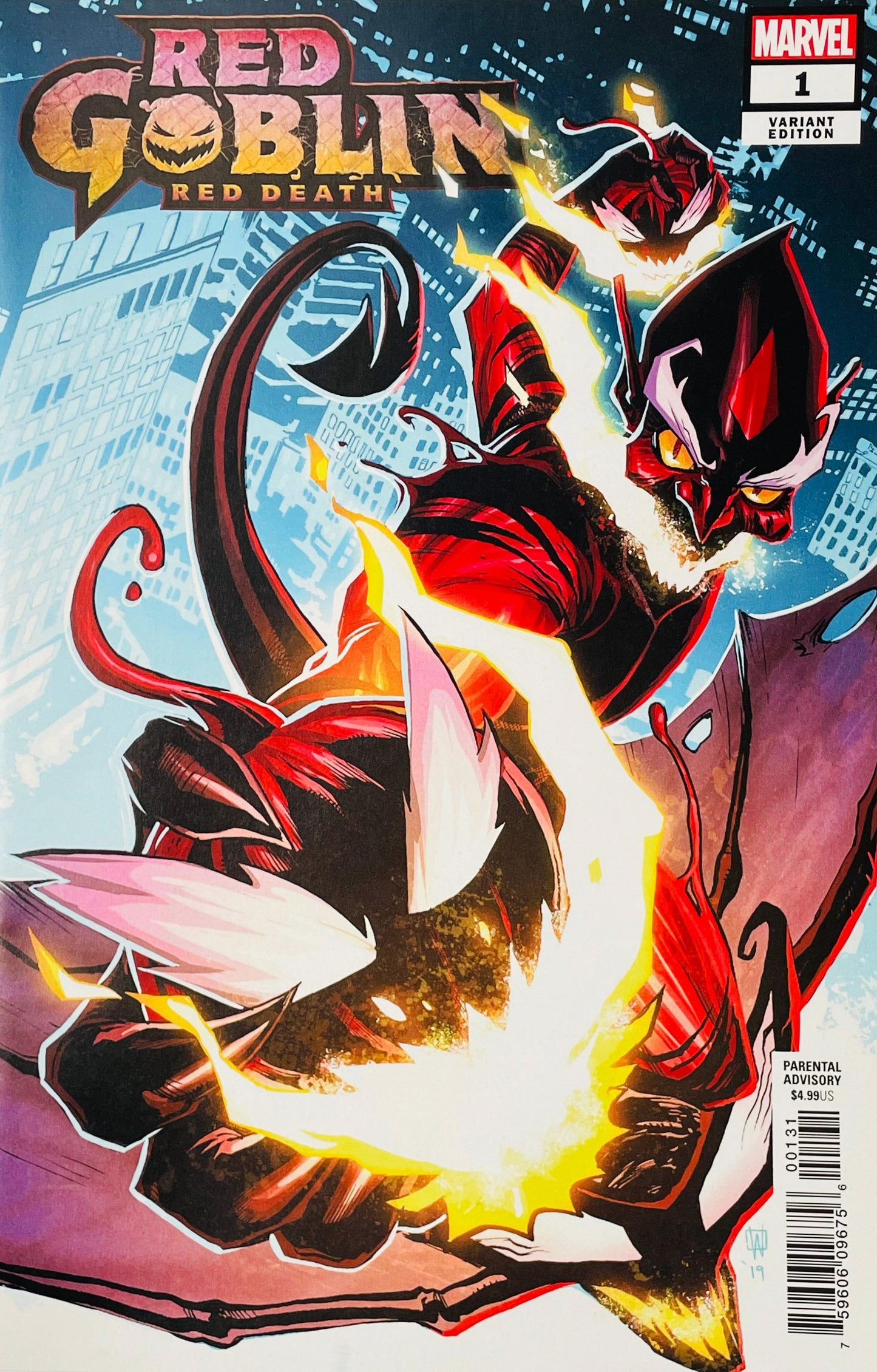 Comic book cover for Marvel's Red Goblin: Red Death Variant Edition #1, featuring a dynamic illustration of the red and black demon character with glowing yellow energy effects against a blue-toned cityscape background.