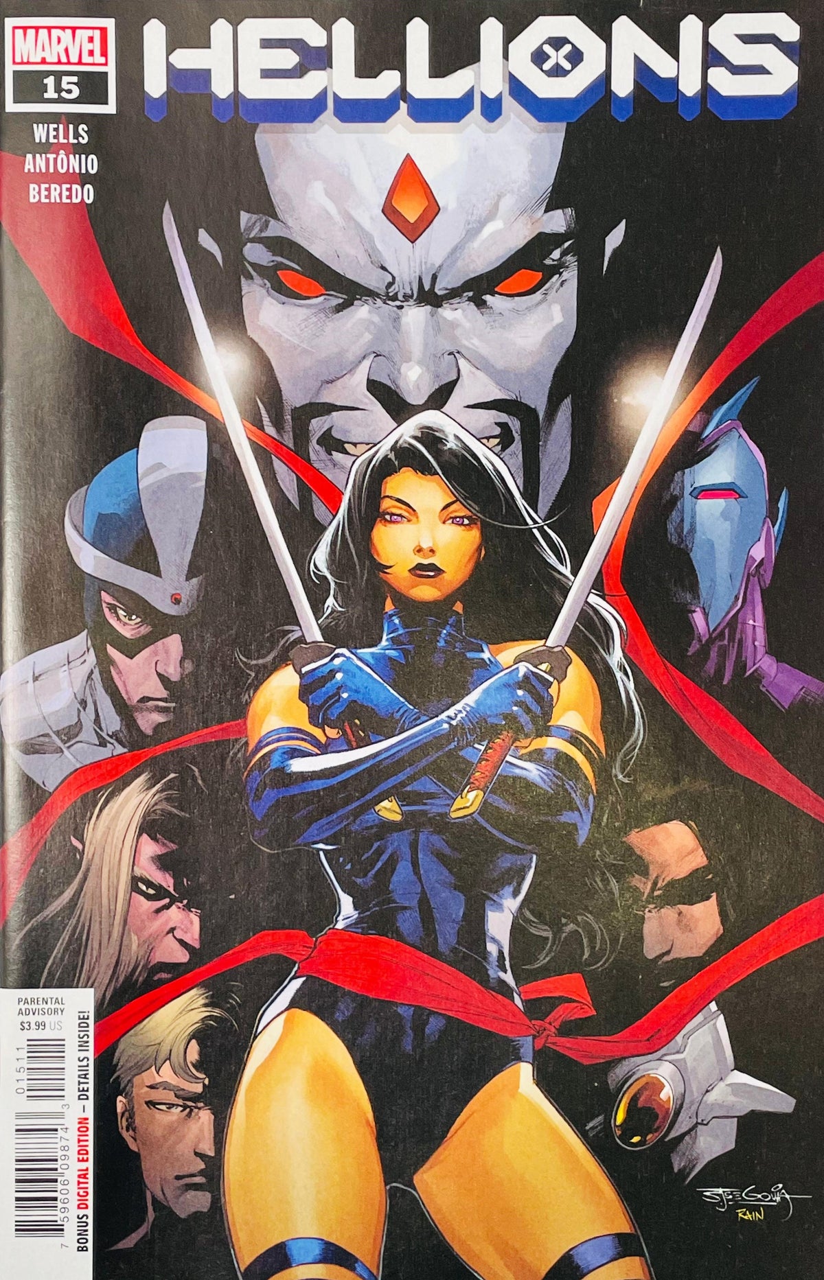 Marvel's Hellions #15 comic book cover featuring a central female warrior with swords, surrounded by multiple illustrated characters against a dark background with the title 'HELLIONS' at the top.