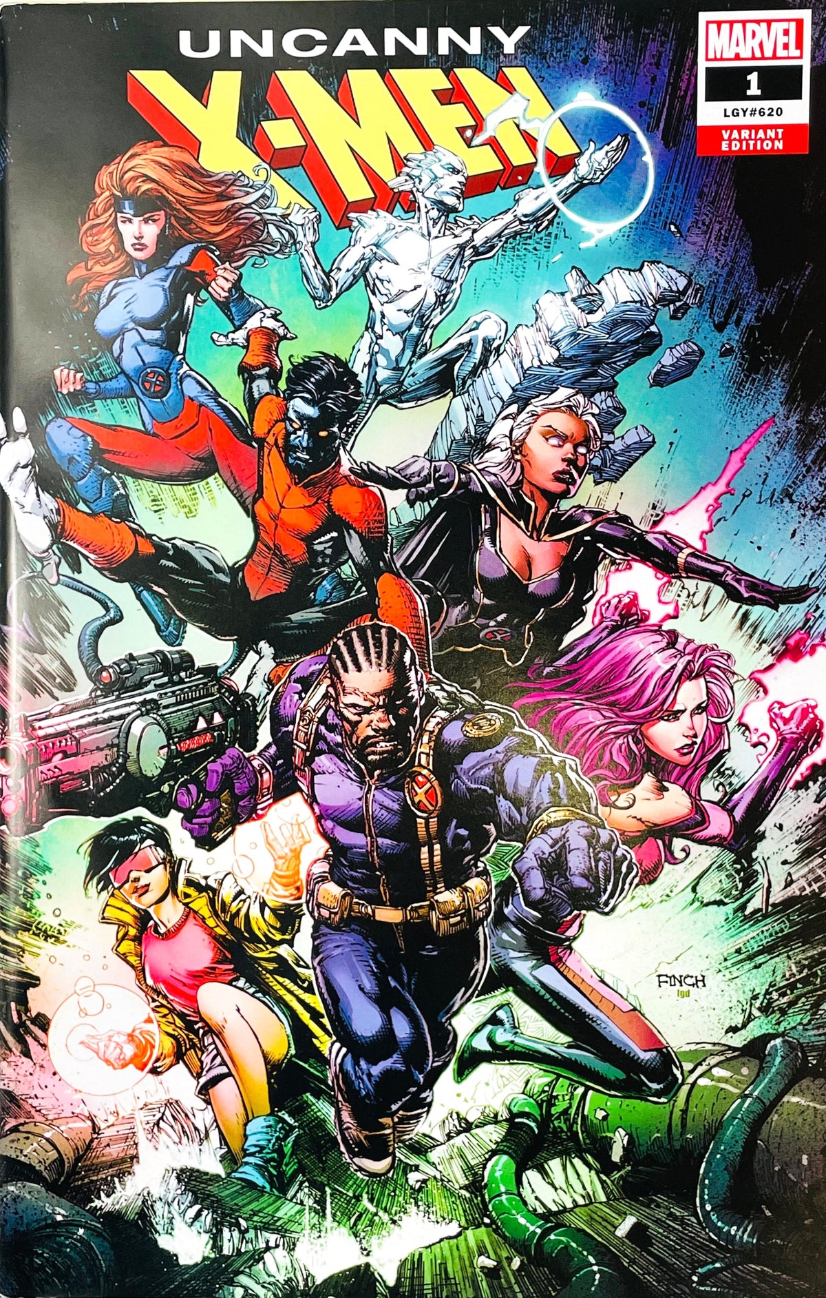 Uncanny X-Men #1 David Finch variant featuring Wolverine and a large ensemble of X-Men characters in dynamic action poses.