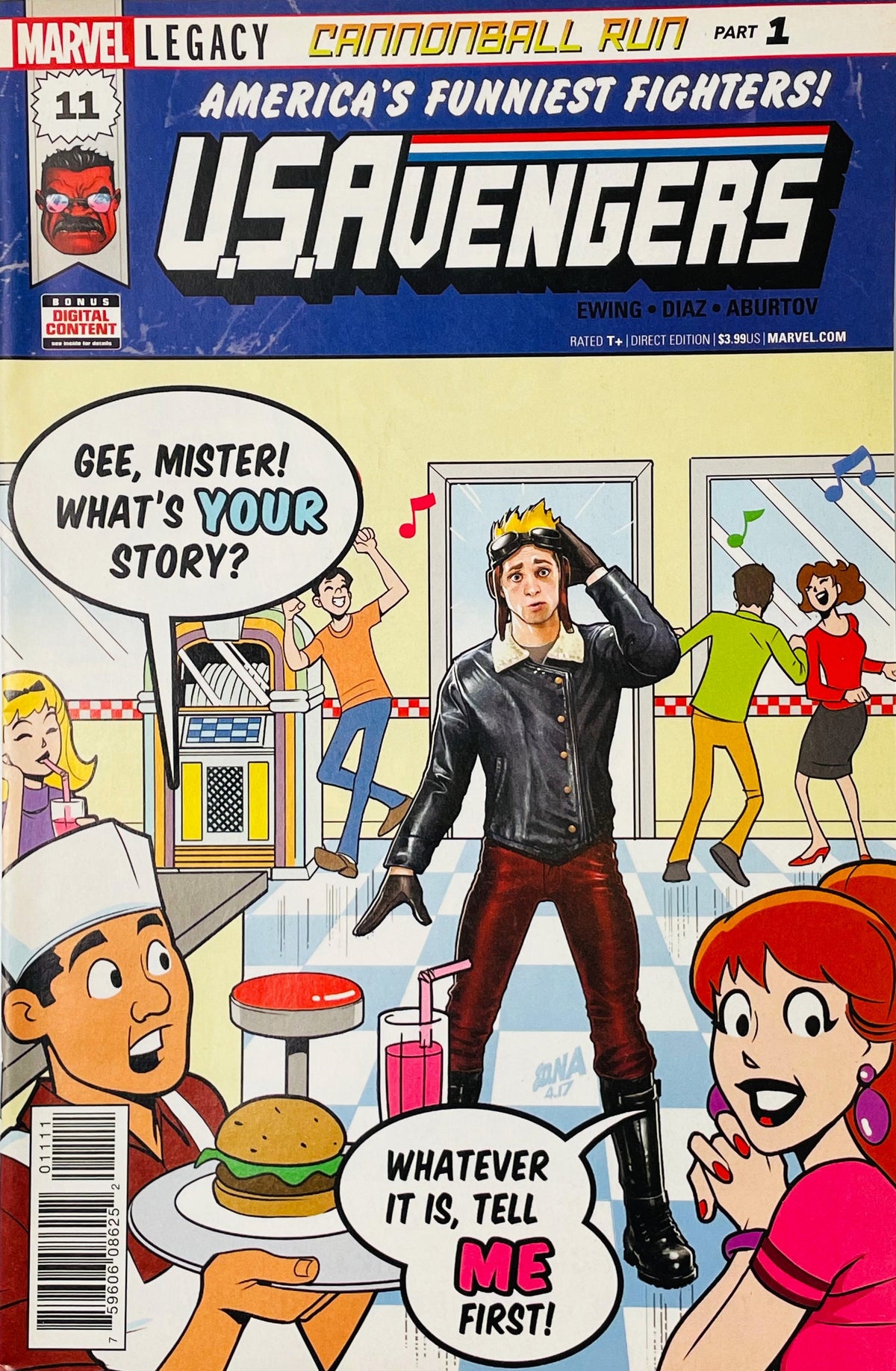 U.S.Avengers #11 David Nakayama comic book cover featuring a realistic young man in a black leather jacket, red pants, goggles and tall black boots standing inside a colorful retro diner surrounded by cartoon-style patrons, jukeboxes, burgers, milkshakes and dancing figures, with speech balloons and musical notes beneath the large U.S.Avengers logo, Marvel Legacy branding and Cannonball Run Part 1 headline.