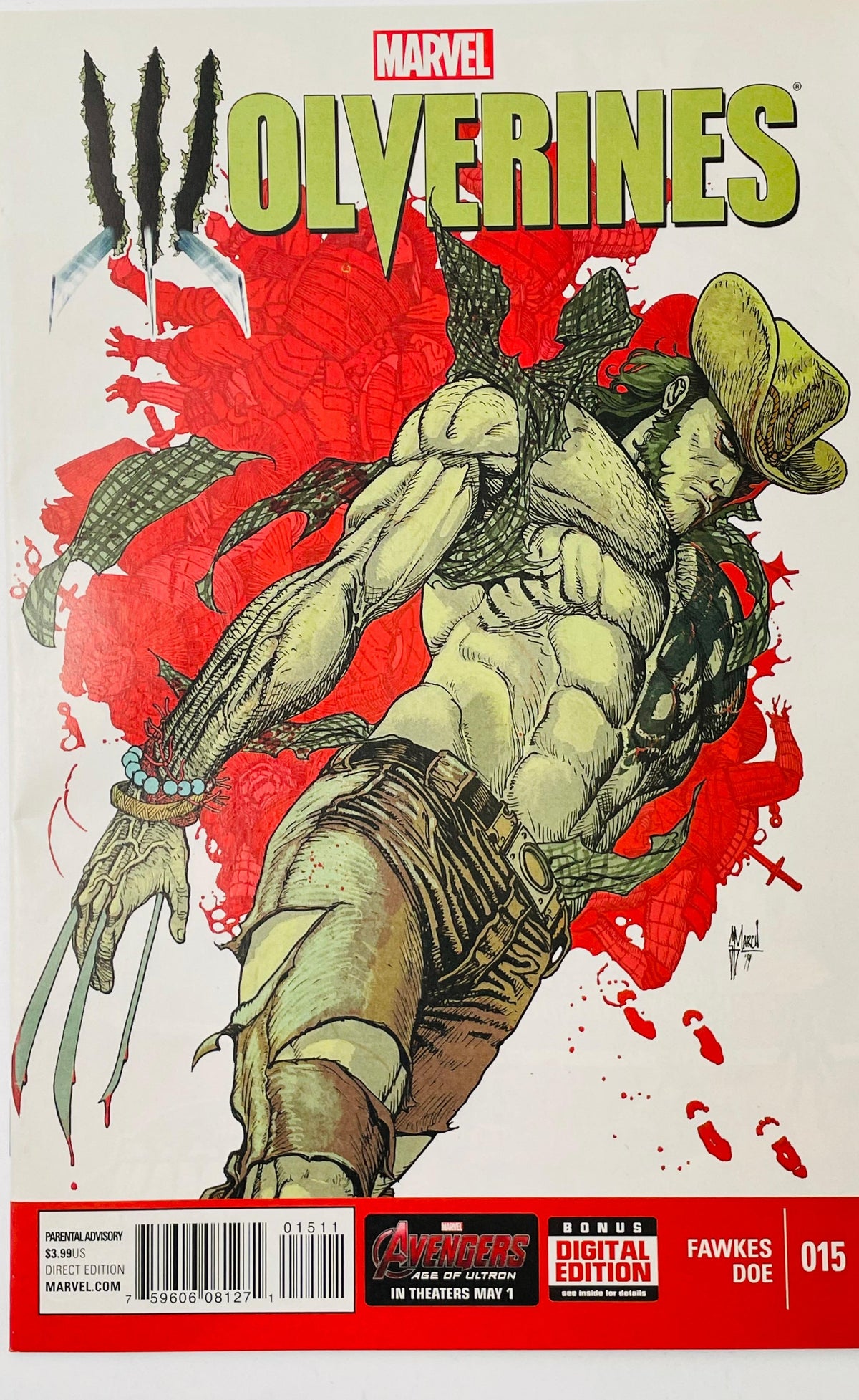 Wolverines #15 Guillem March comic book cover featuring Daken in a dramatic samurai-inspired outfit with a large hat and flowing scarf, lunging forward with his claws extended, against a white background with a large red Wolverine silhouette and oversized green Wolverines logo.