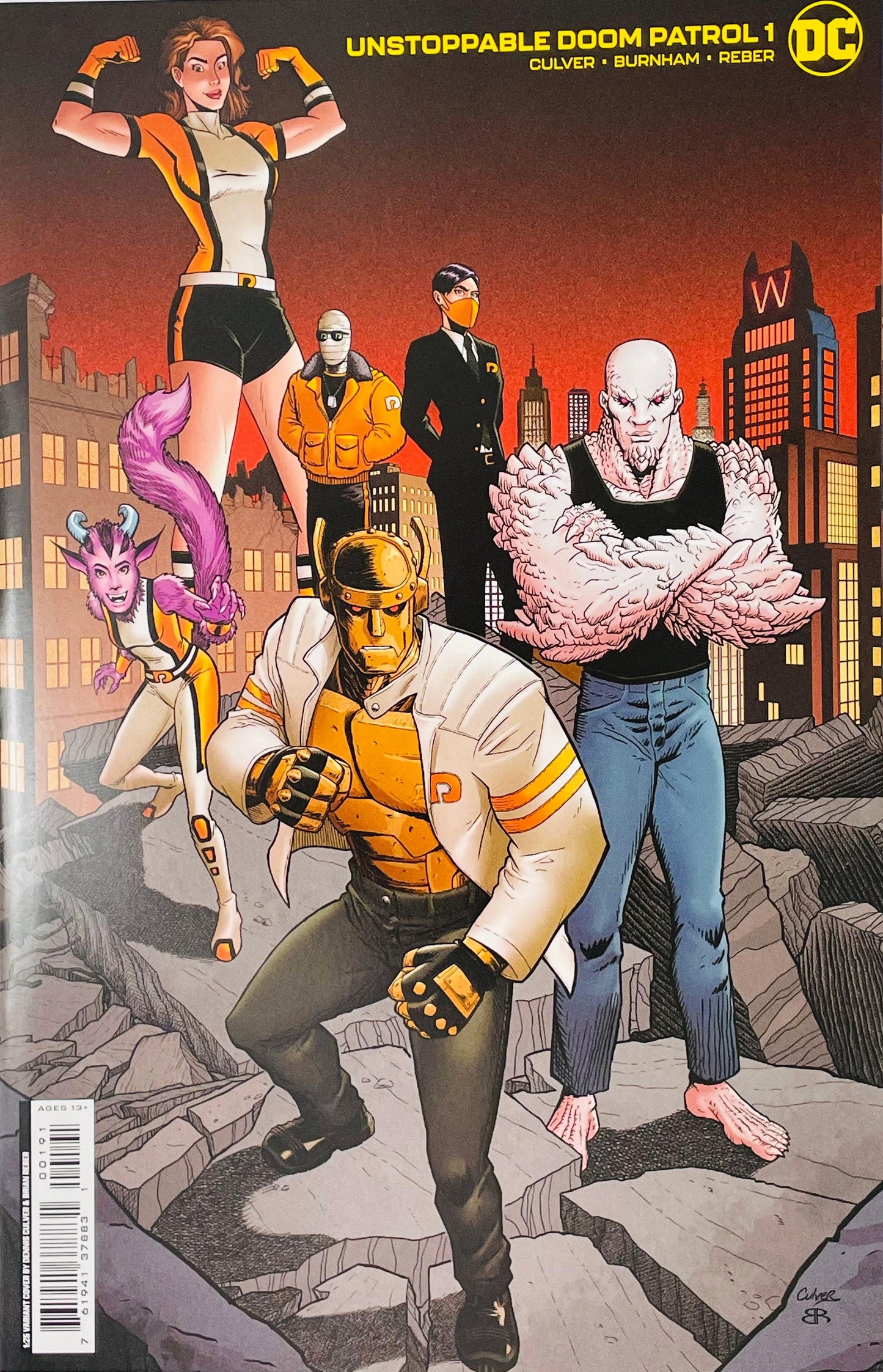 Front cover of the comic book 'Unstoppable Doom Patrol #1' published by DC Comics. The cover art features a group of DC's Doom Patrol characters in a dramatic city scene with a red-orange sky and rocky ground.