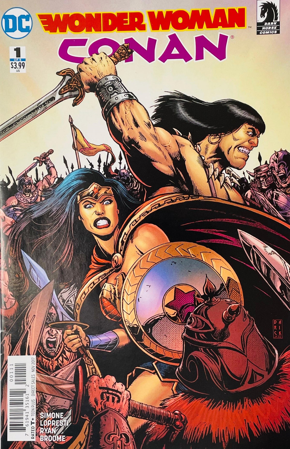 Wonder Woman Conan #1 Darick Robertson comic book cover featuring Conan the Barbarian raising an ornate sword above his head while Wonder Woman fights beside him with a sword and shield, surrounded by numerous armed warriors and gladiators in a dramatic red, orange and black Hyborian Age battle scene beneath the Wonder Woman Conan logo.