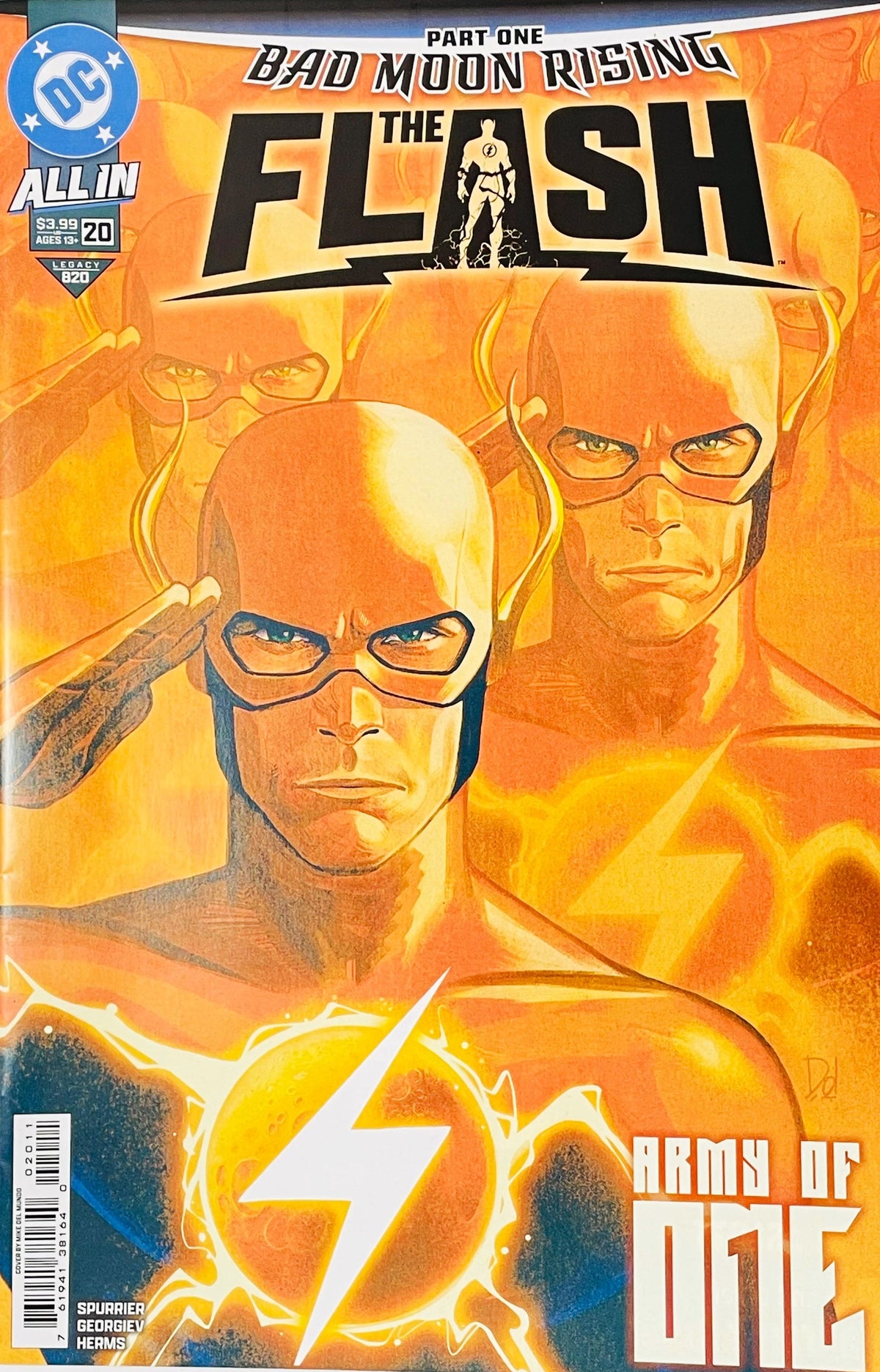 The Flash #20 Mike Del Mundo comic book cover featuring Wally West as the Flash shown in multiple overlapping portraits against a vivid orange and yellow background, with a large glowing white lightning bolt and crackling energy in the foreground, beneath the Bad Moon Rising Part One title and large Flash logo with DC All In branding.