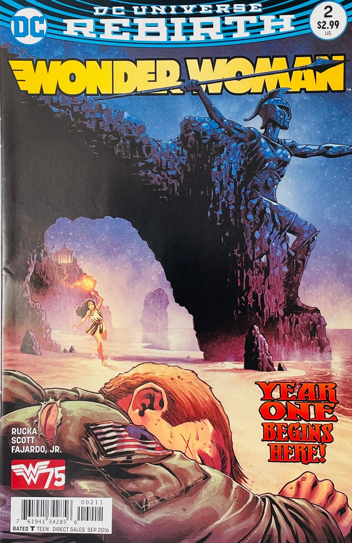 Wonder Woman issue 2 cover by Nicola Scott showing Steve Trevor washed ashore while young Diana runs toward him with a torch on Paradise Island.