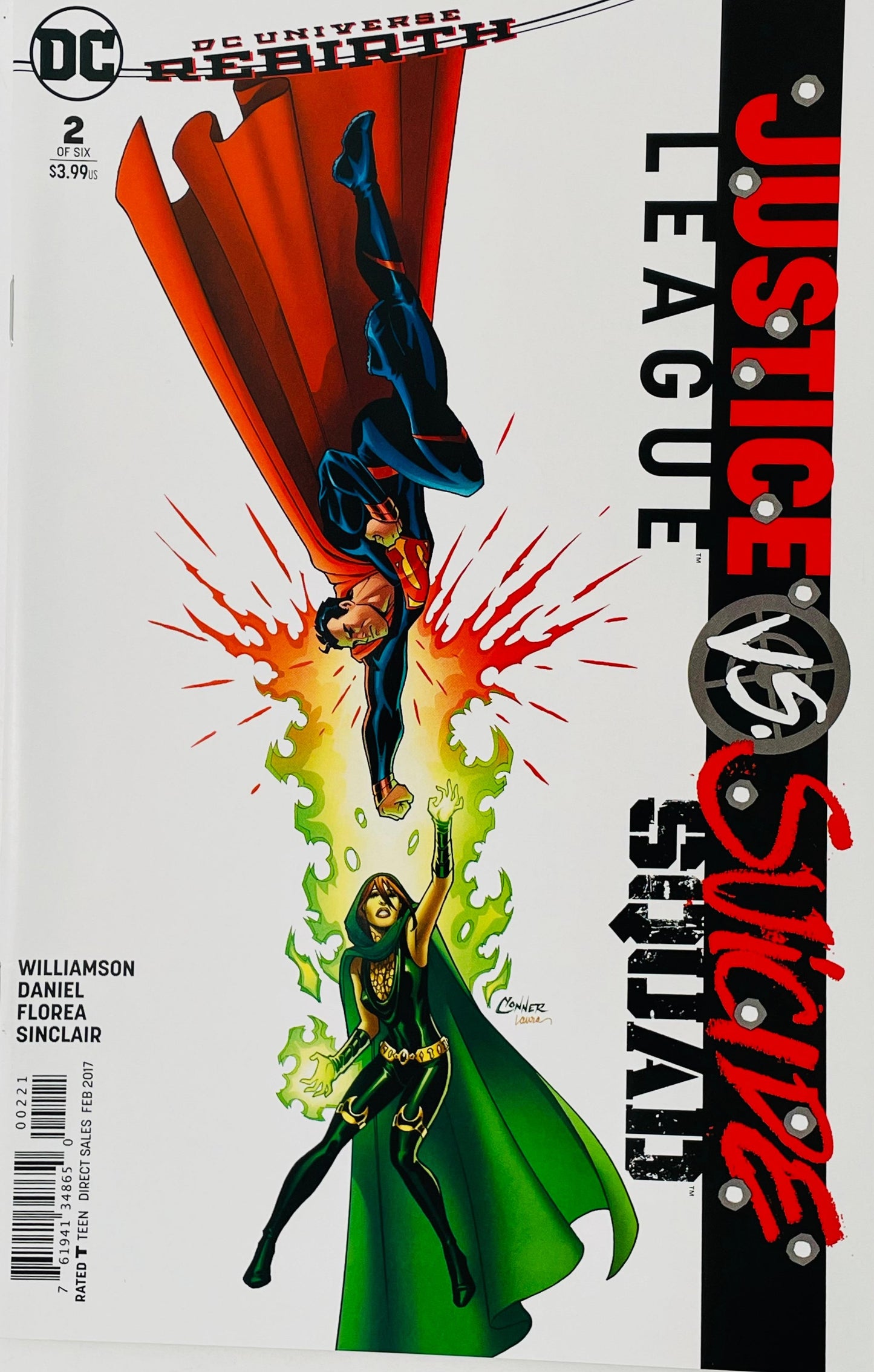 Justice League vs Suicide Squad issue 2 variant cover by Amanda Conner featuring Superman diving down toward Enchantress as she casts green magic.
