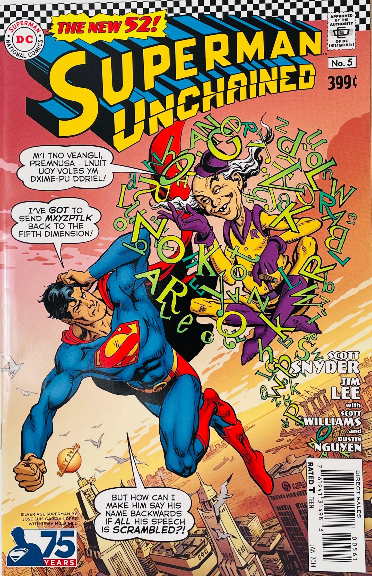 Superman Unchained issue 5 Silver Age variant cover by Jose Luis Garcia-Lopez featuring Superman struggling against Mr Mxyzptlk and scrambled floating letters over Metropolis.