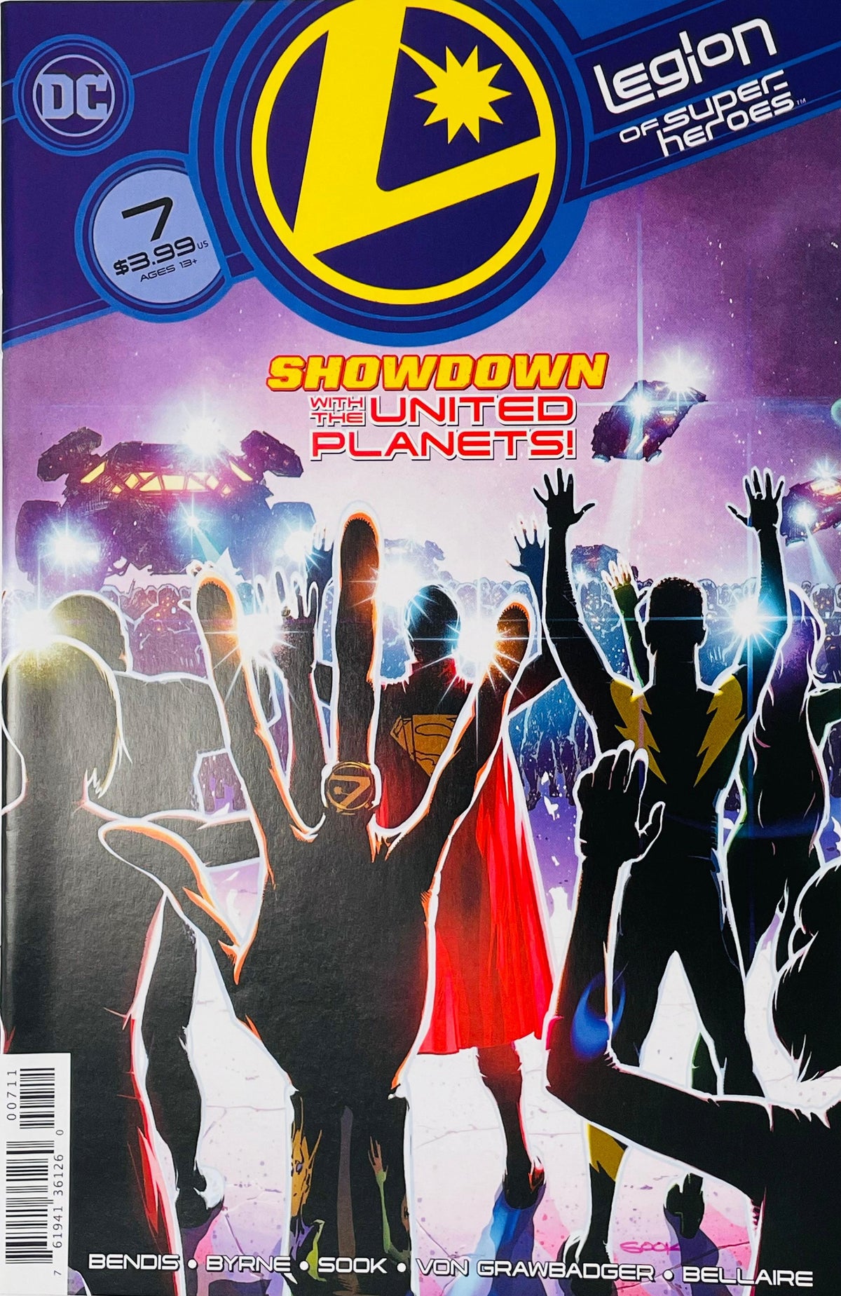 Legion of Super-Heroes issue 7 cover by Ryan Sook showing Superboy and Legionnaires raising their hands with flight rings toward futuristic spaceships.