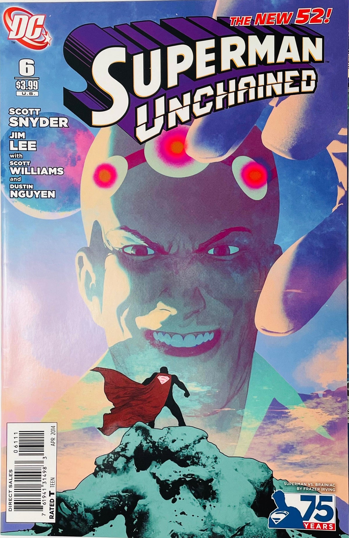Superman Unchained issue 6 variant cover by Frazer Irving featuring Superman silhouetted on a rock with a massive, grinning Brainiac looming in the sky.