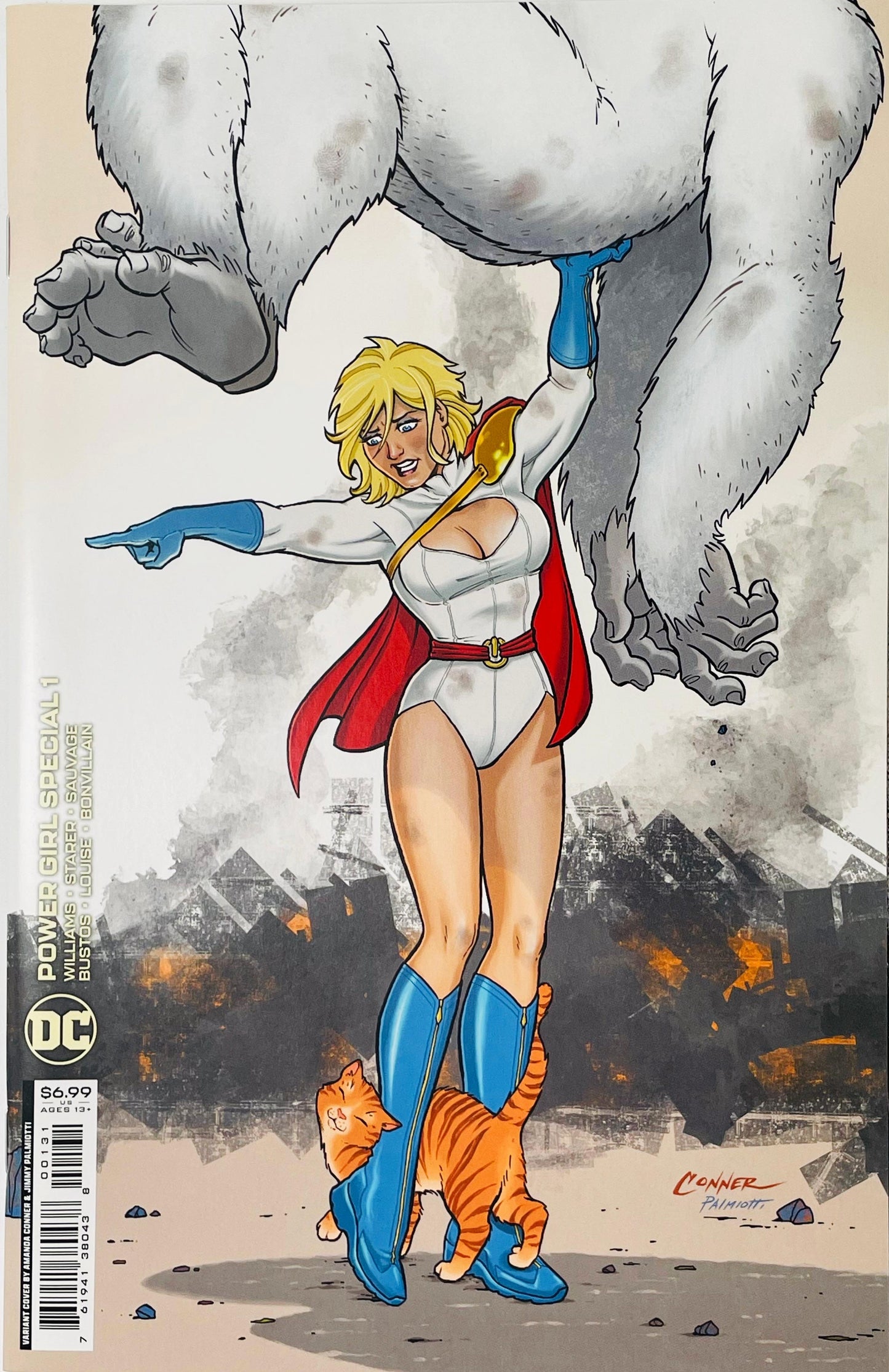 Power Girl Special issue 1 variant cover by Amanda Conner featuring Power Girl lifting a giant white yeti with one hand while an orange cat weaves around her legs.