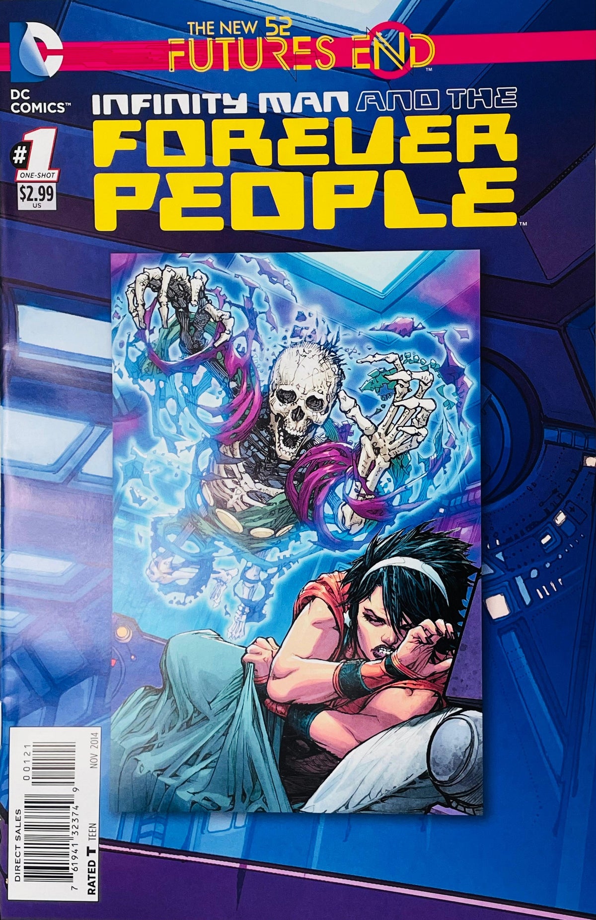 Infinity Man and the Forever People Futures End issue 1 cover featuring Beautiful Dreamer distressed in the foreground with a glowing skeletal cosmic figure behind her.