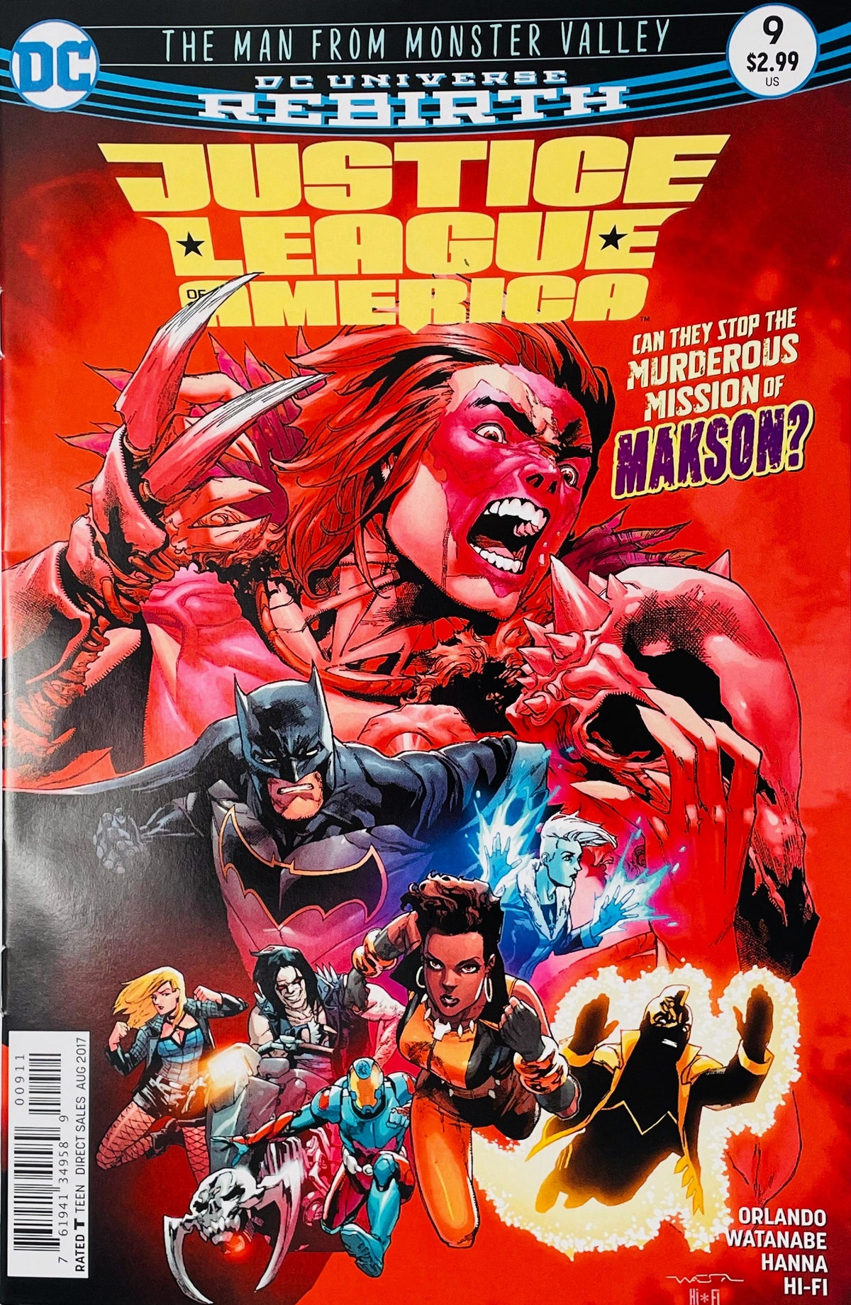 Justice League of America issue 9 cover by Ivan Reis featuring a menacing Makson looming over Batman, Vixen, Frost, and the JLA team in front of a red backdrop.