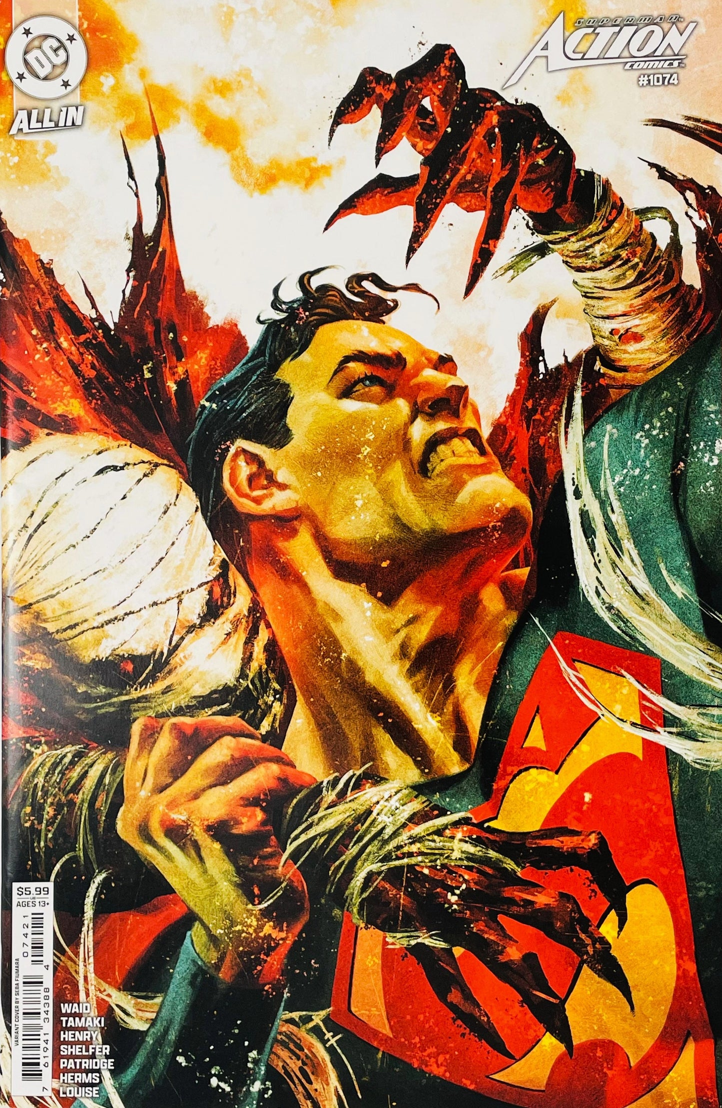 Action Comics issue 1074 variant cover by Björn Barends showing Superman grimacing as demonic mummy claws grab his neck against a fiery background.