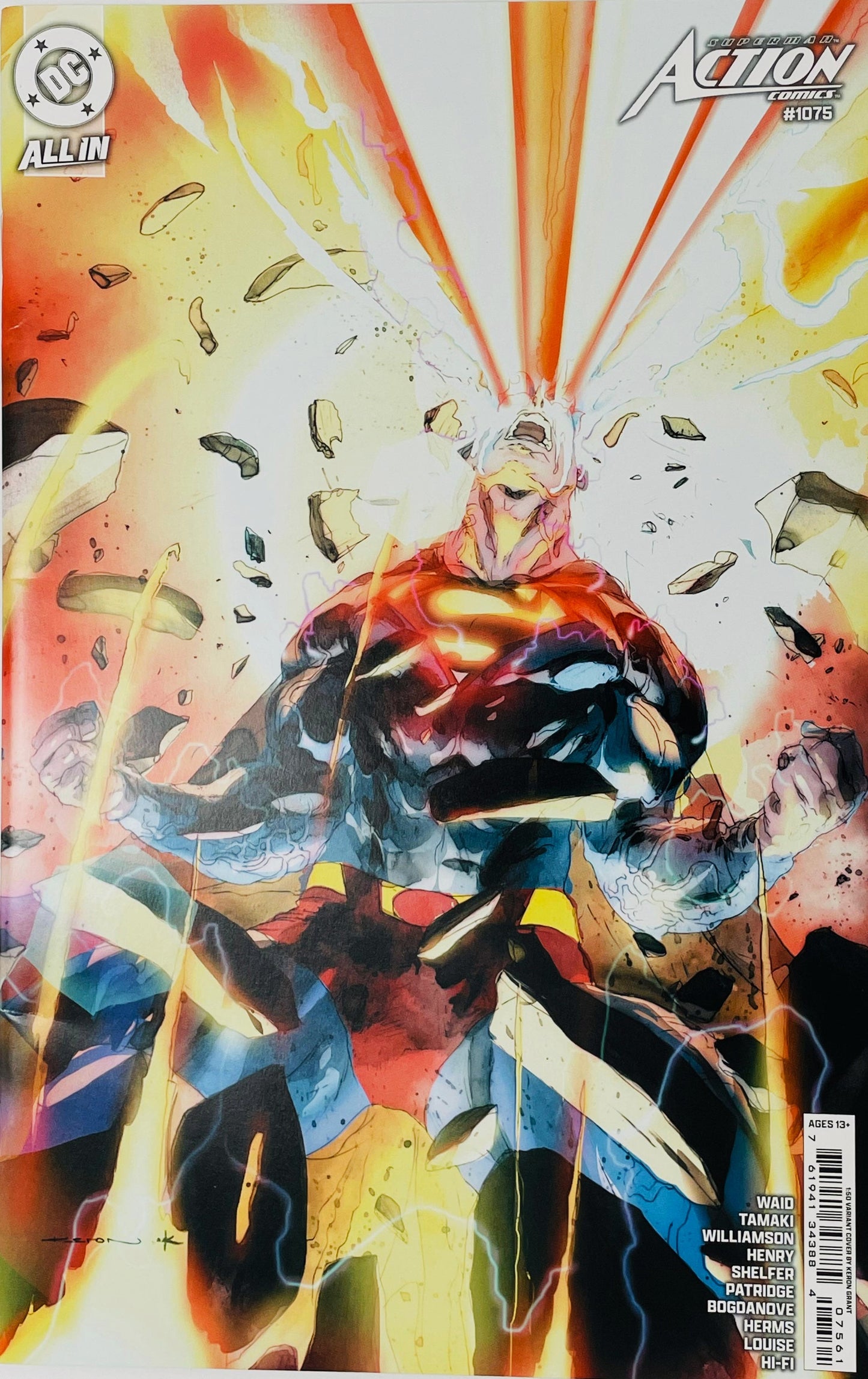 Action Comics issue 1075 1 50 incentive virgin variant cover by Kael Ngu showing Superman firing massive heat vision beams into the sky surrounded by exploding debris.