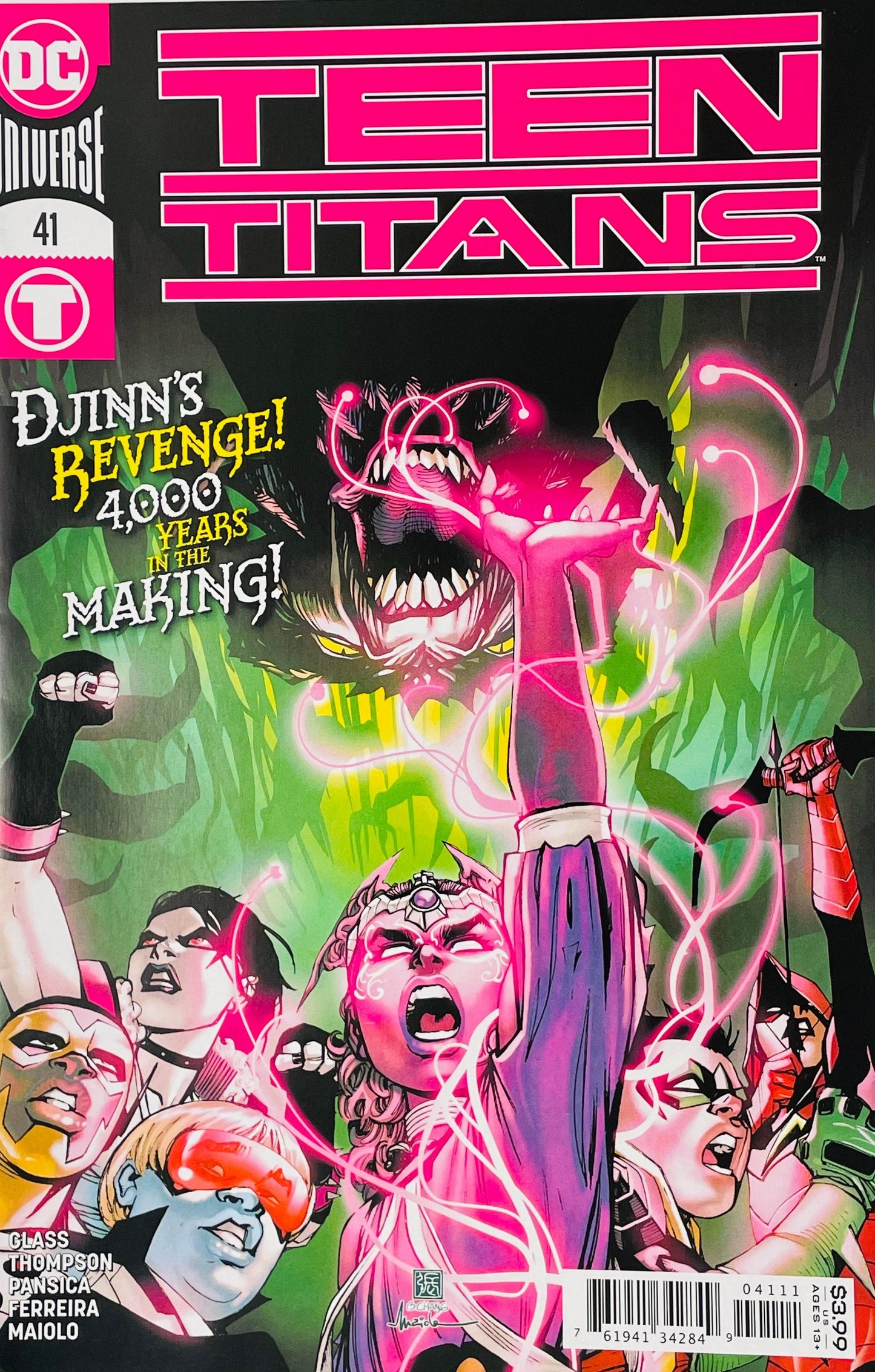 Teen Titans issue 41 cover by Bernard Chang showing Djinn channeling pink magic over Robin and the Teen Titans while a monstrous demon roars in the green background.