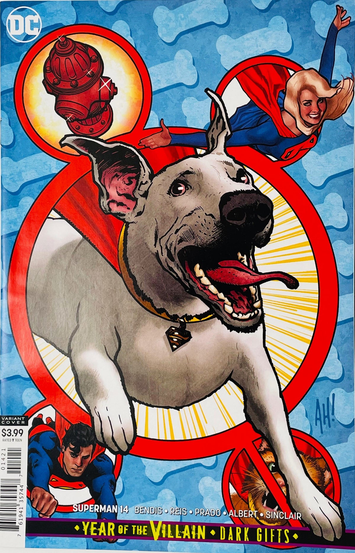 Superman issue 14 variant cover by Adam Hughes featuring a happy Krypto the Superdog surrounded by small circular portraits of Supergirl, Superman, Streaky, and a fire hydrant.