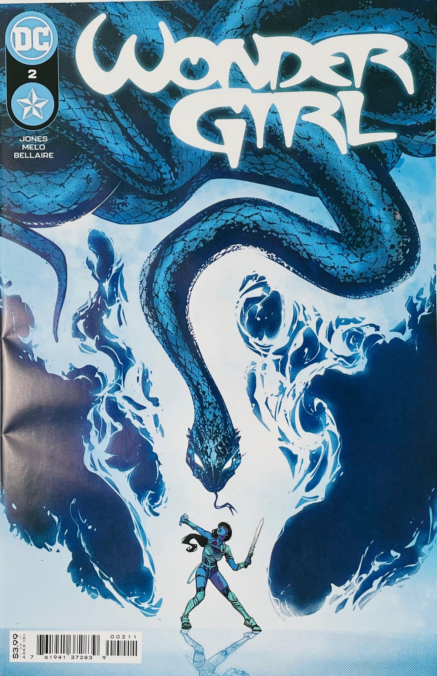 Wonder Girl issue 2 cover by Joelle Jones showing a small figure of Yara Flor holding a sword facing a giant glowing blue serpent descending from above.