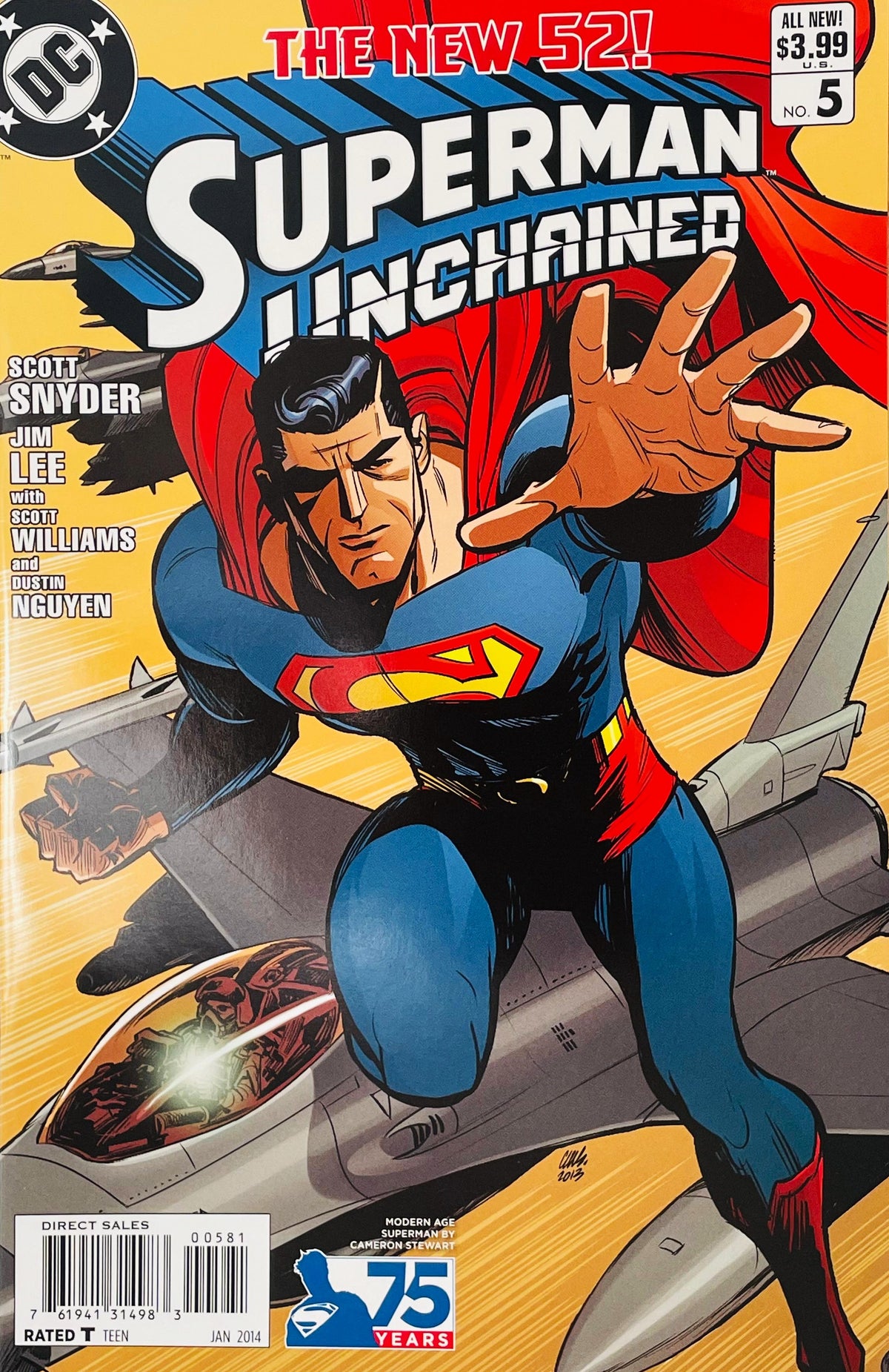 Superman Unchained issue 5 Modern Age variant cover by Cameron Stewart featuring a stylized Superman flying alongside a military jet against a bright yellow background.