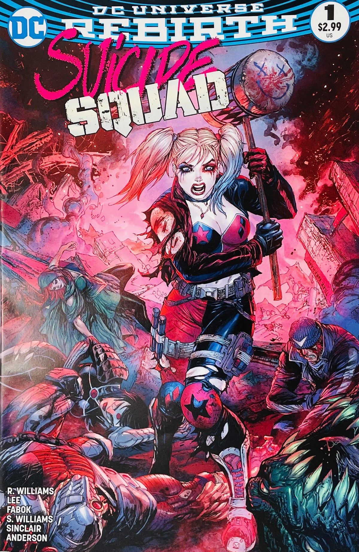 Suicide Squad issue 1 cover by Philip Tan featuring Harley Quinn holding a giant mallet amidst her fallen teammates in rubble.