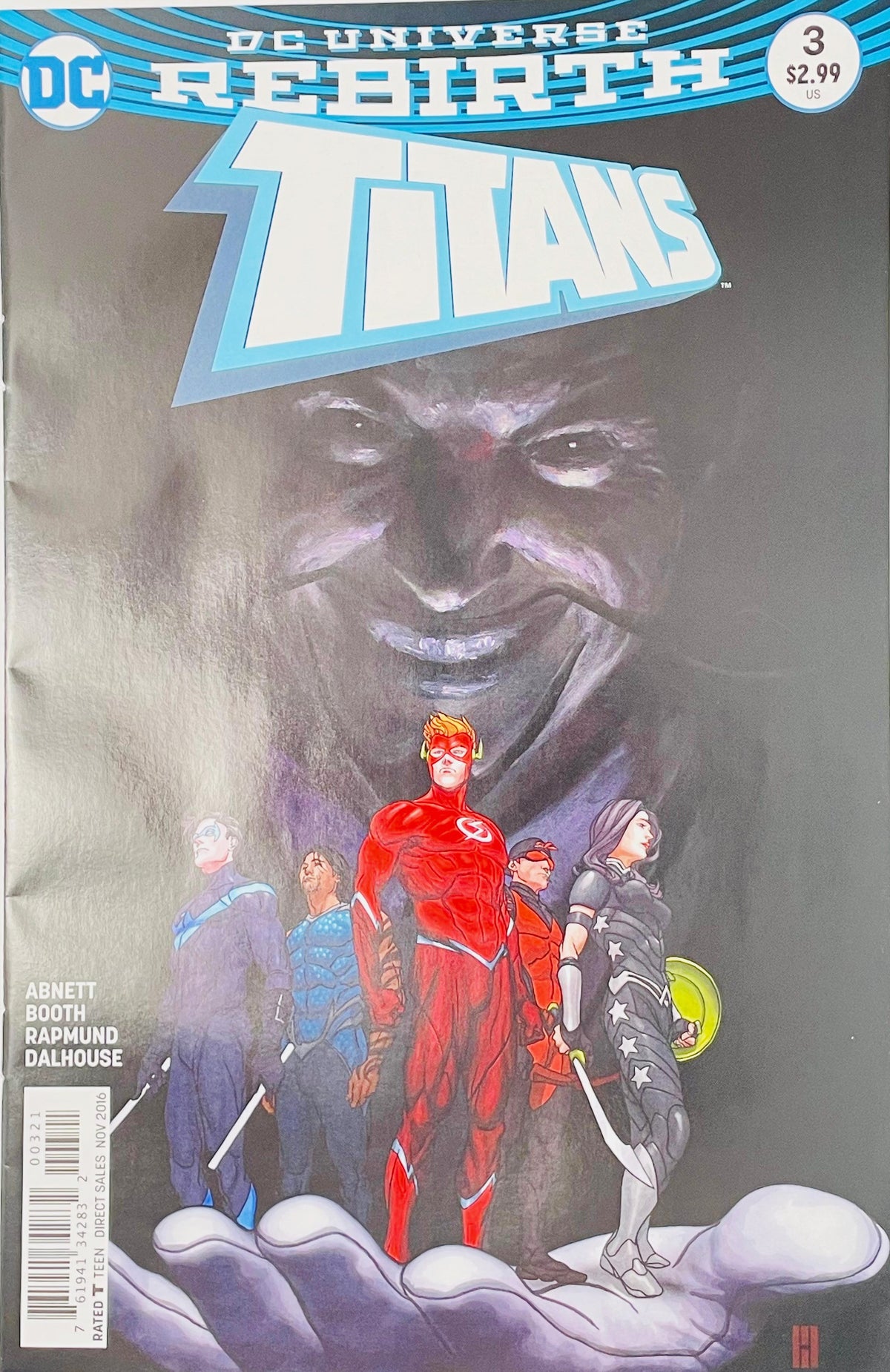 Titans issue 3 variant cover by Mike Choi showing a giant Abra Kadabra holding miniature Titans heroes in his open hand.