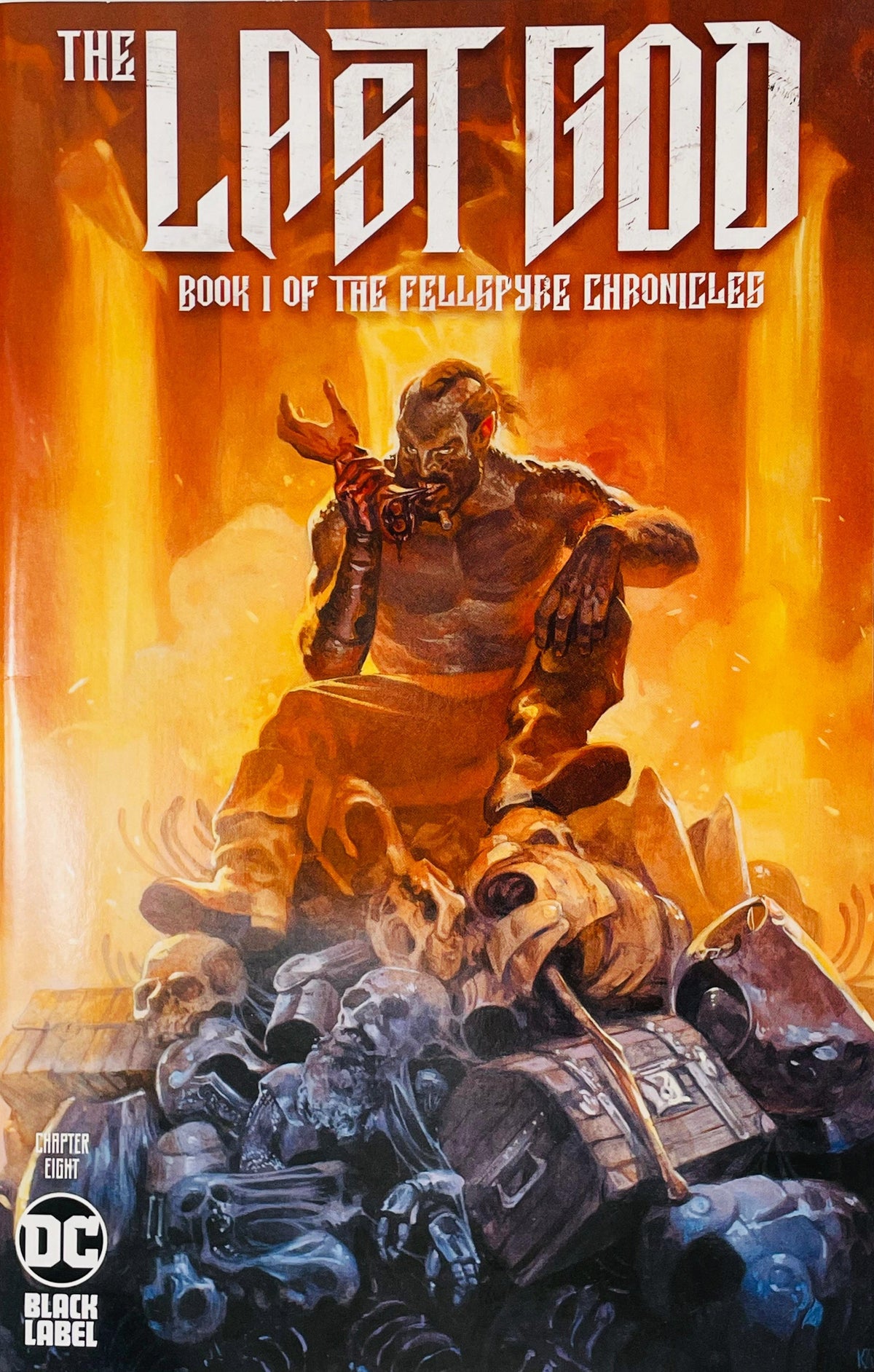 The Last God issue 8 variant cover by Kai Carpenter featuring a barbarian warrior sitting on skulls and treasure gnawing on meat in front of fire.