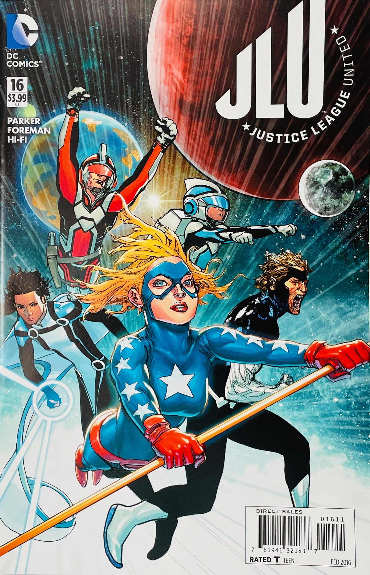 Justice League United issue 16 cover by Travel Foreman featuring Stargirl riding her Cosmic Staff with Animal Man and Adam Strange in space.