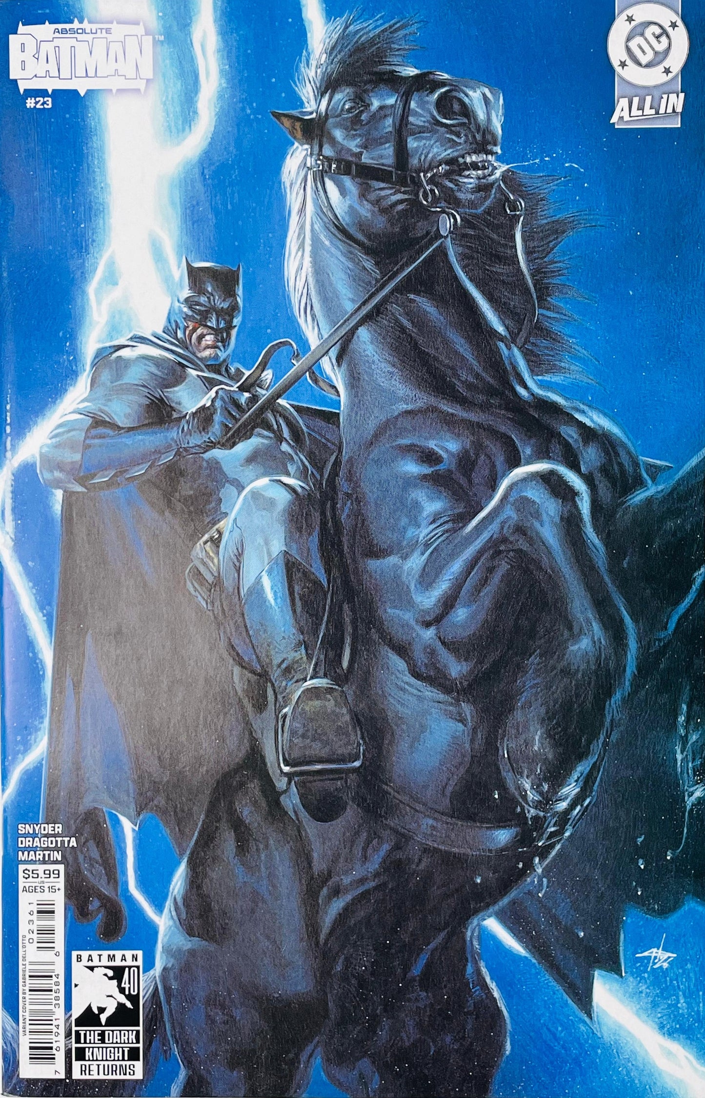 Absolute Batman #23 Gabriele Dell'Otto variant featuring Batman riding a black horse beneath a lightning-filled blue night sky.