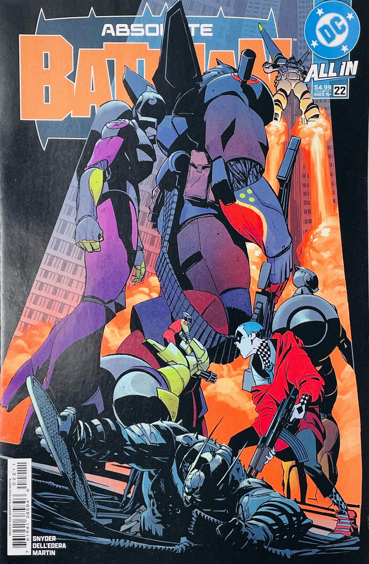 Absolute Batman #22 Nick Dragotta Cover A featuring Batman and the Robins in a dramatic city scene surrounded by flames