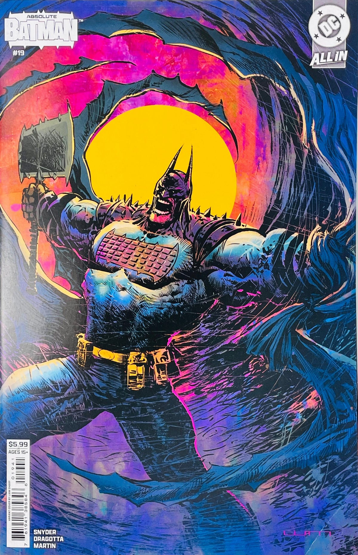 Batman comic book cover featuring Batman in a dynamic pose holding a weapon, set against a swirling abstract background with a large yellow sun and vivid pink, purple, and blue tones. The DC logo and Batman branding are visible.