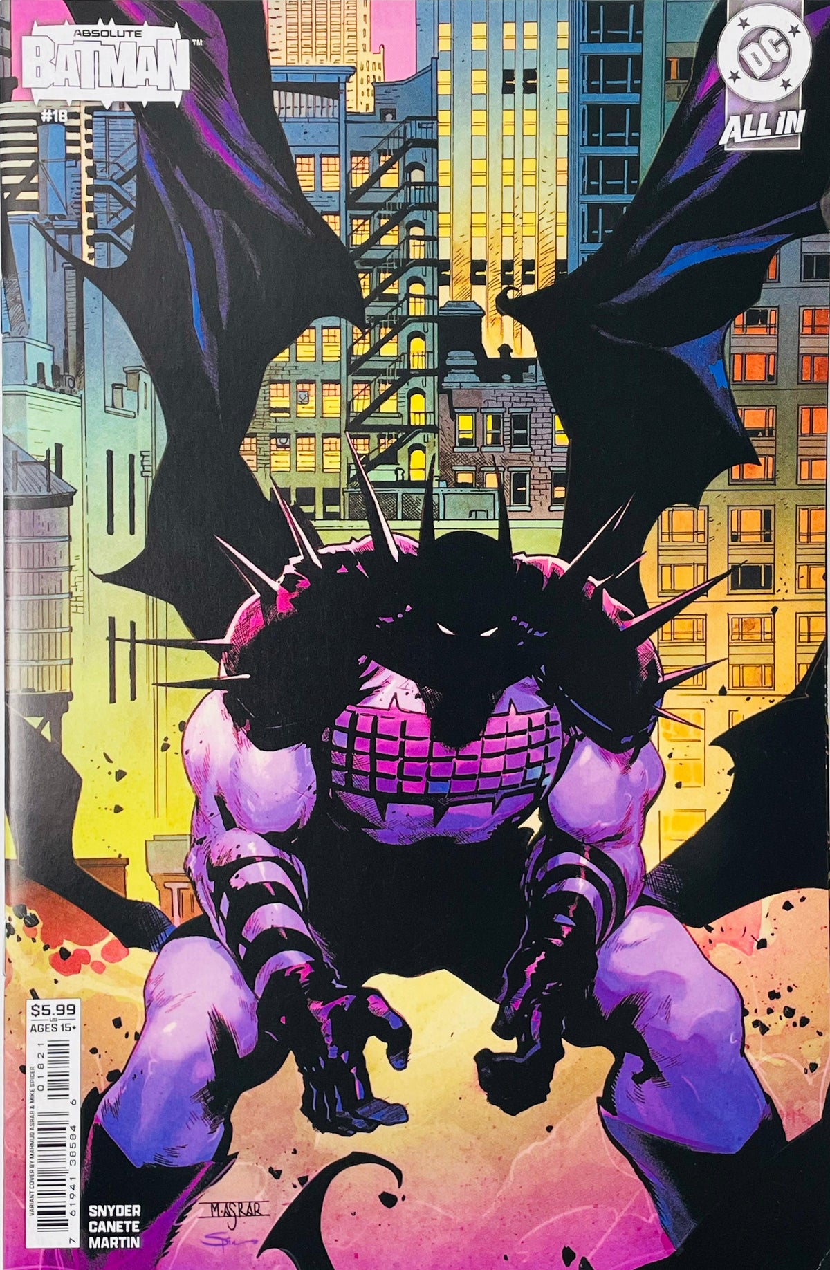 Absolute Batman #18 Giuseppe Camuncoli Card Stock Variant Cover D showing Batman gripping a jagged Absolute Batman sign surrounded by dark tendrils against a vivid orange and purple sky