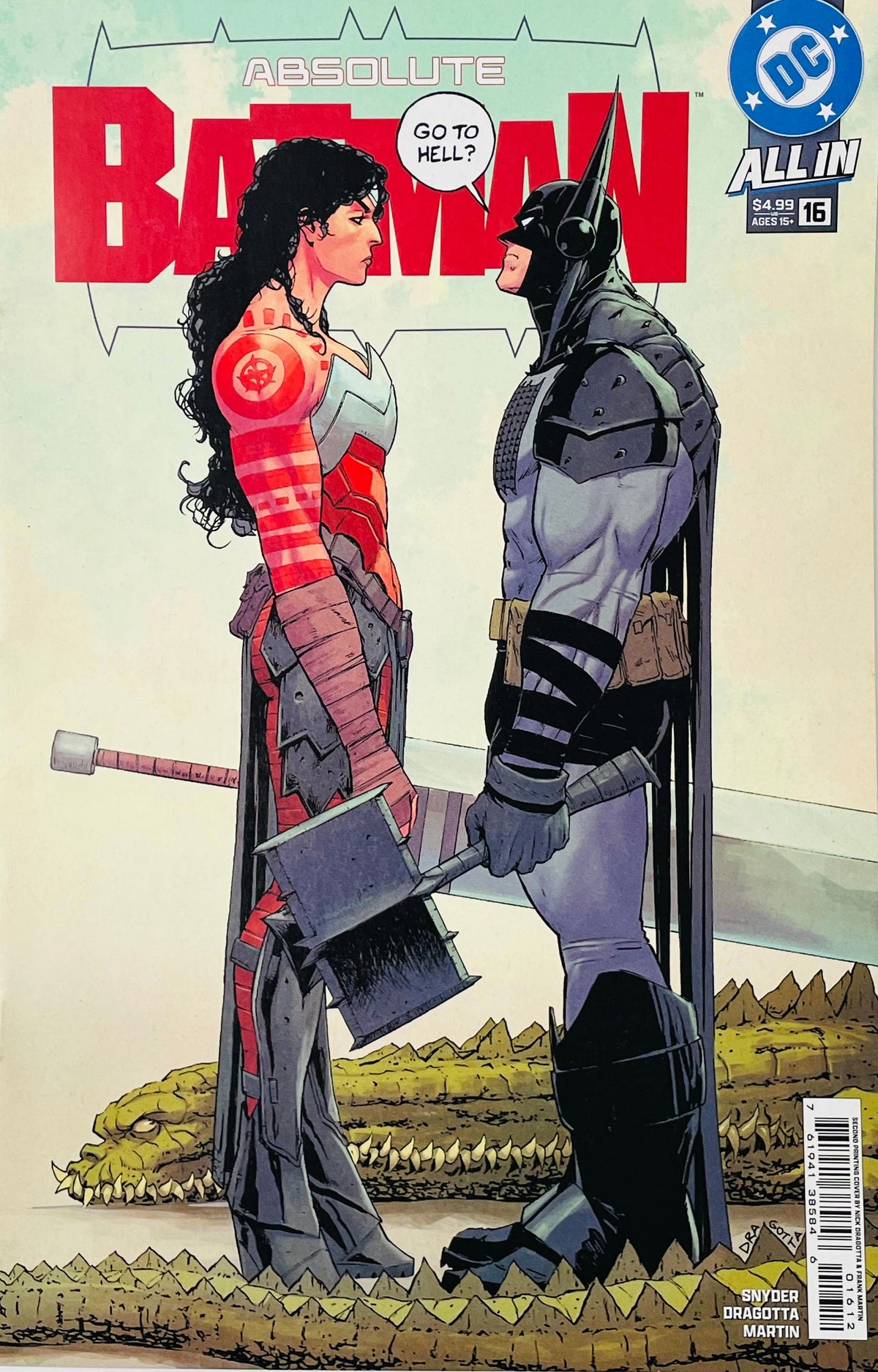 Absolute Batman #16 Nick Dragotta Main Cover A showing armored Batman facing Wonder Woman with a large axe above a giant crocodile-like monster