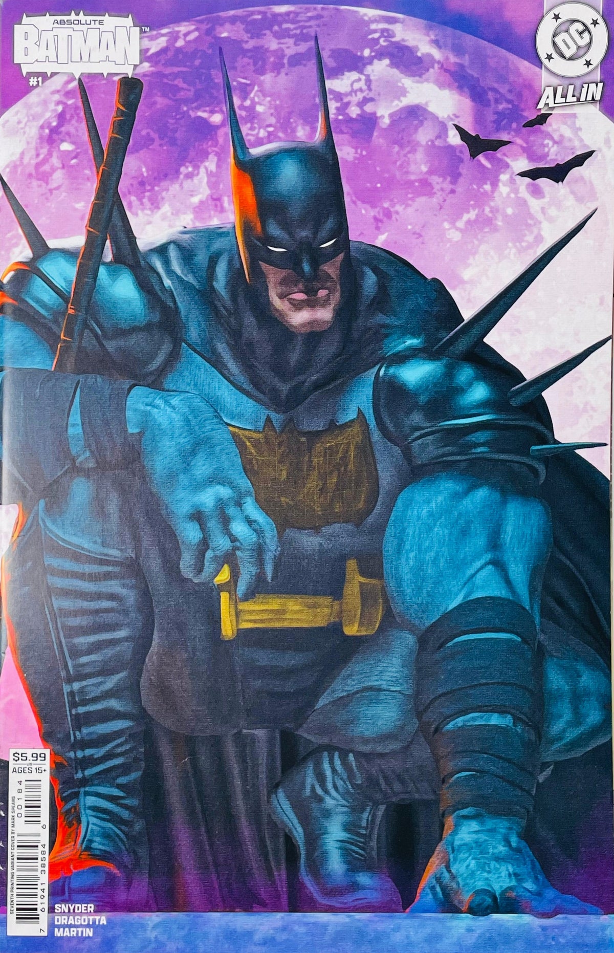 Absolute Batman #1 Mark Spears seventh printing variant cover featuring armored Batman against a glowing purple moon with flying bats