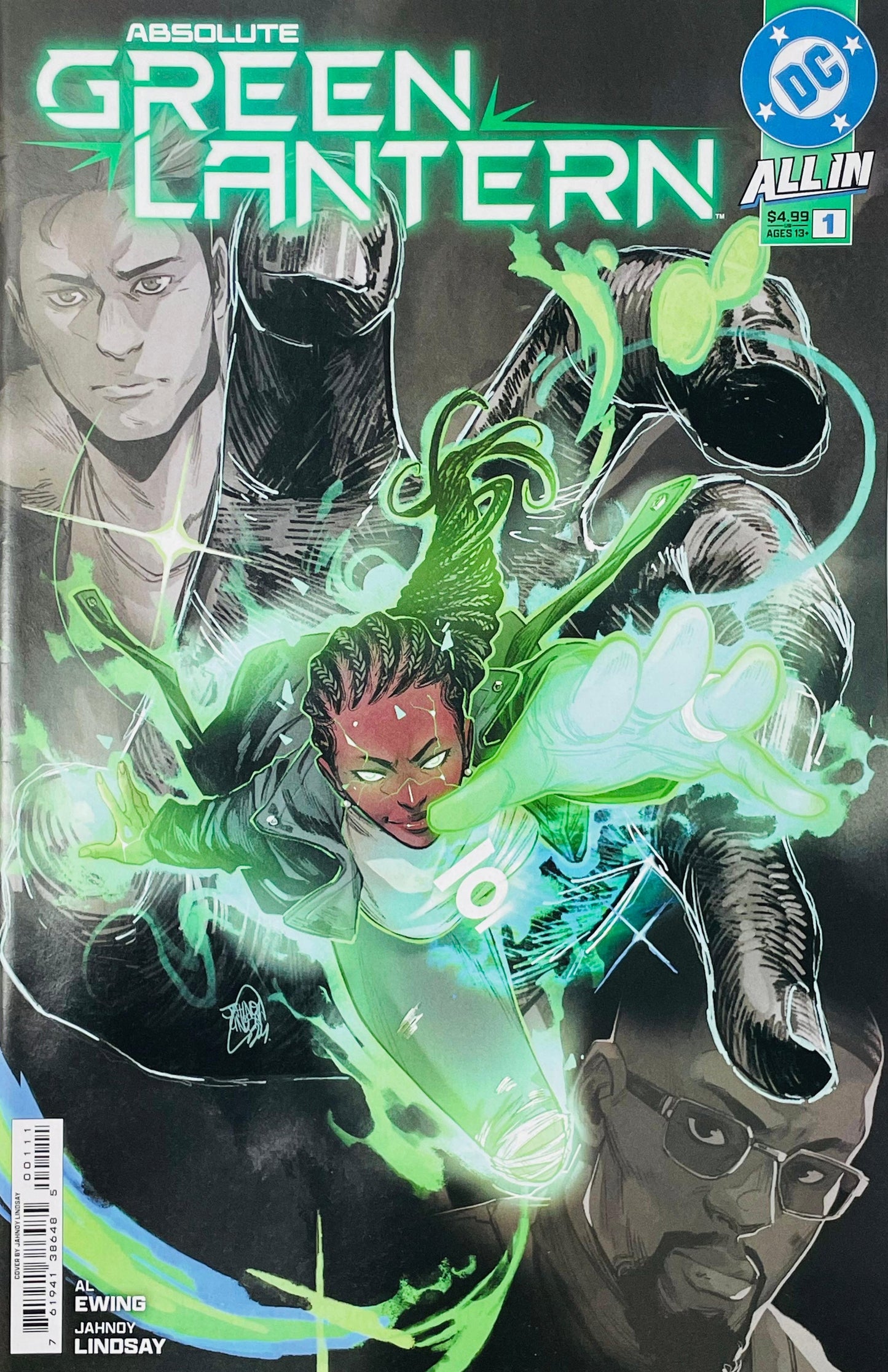 Absolute Green Lantern #1 Jahnoy Lindsay cover featuring a glowing green-powered hero surrounded by shadowy figures and cosmic energy