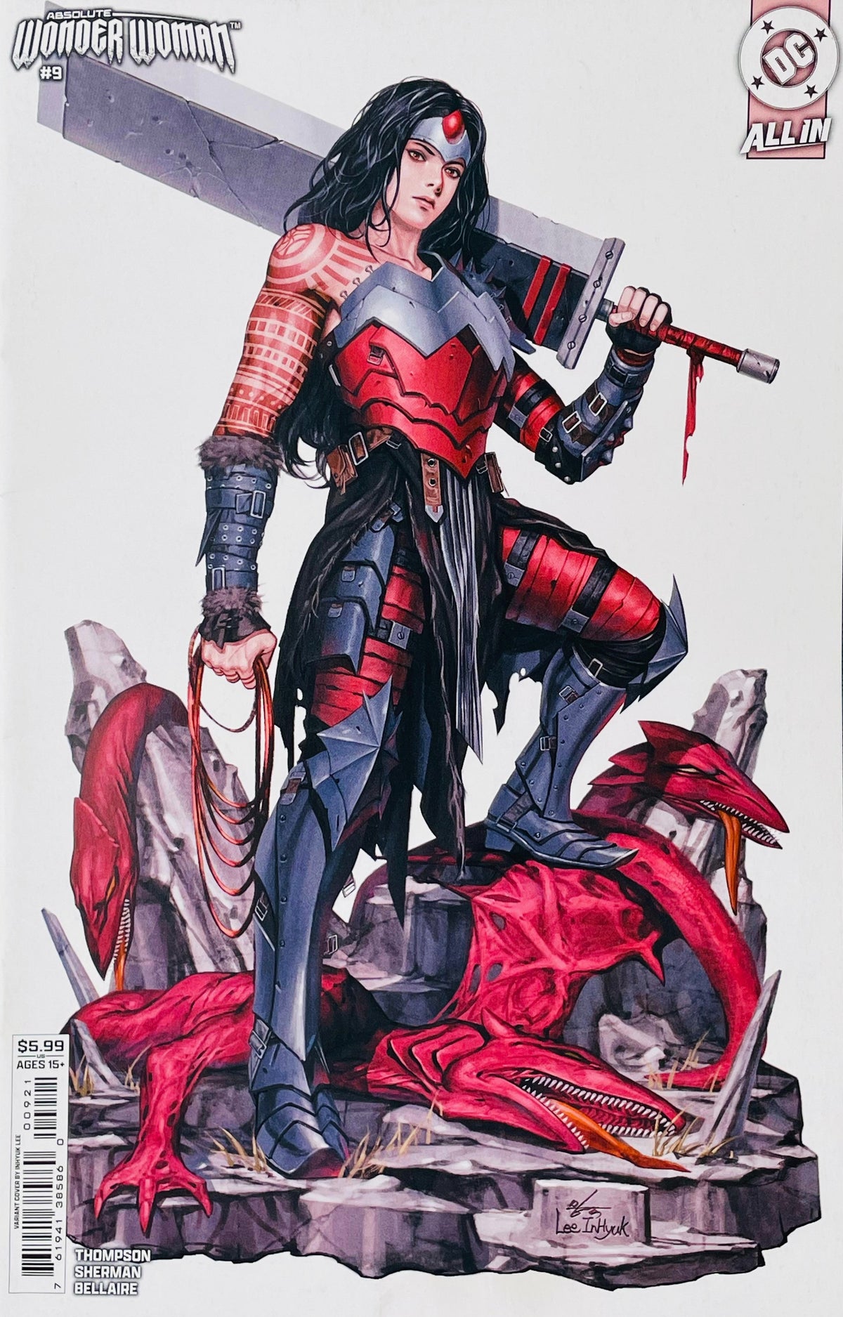 Absolute Wonder Woman #9 InHyuk Lee Card Stock Variant Cover featuring Diana in warrior armor standing over defeated red monsters with a massive sword