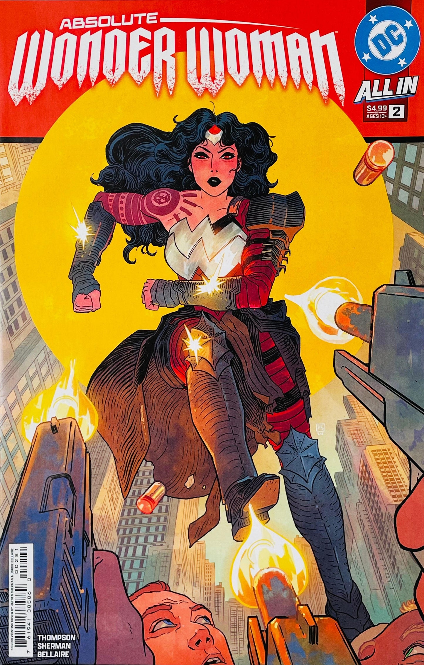 Absolute Wonder Woman #2 second printing Hayden Sherman variant cover featuring Diana in armor battling through a city amid explosive gunfire
