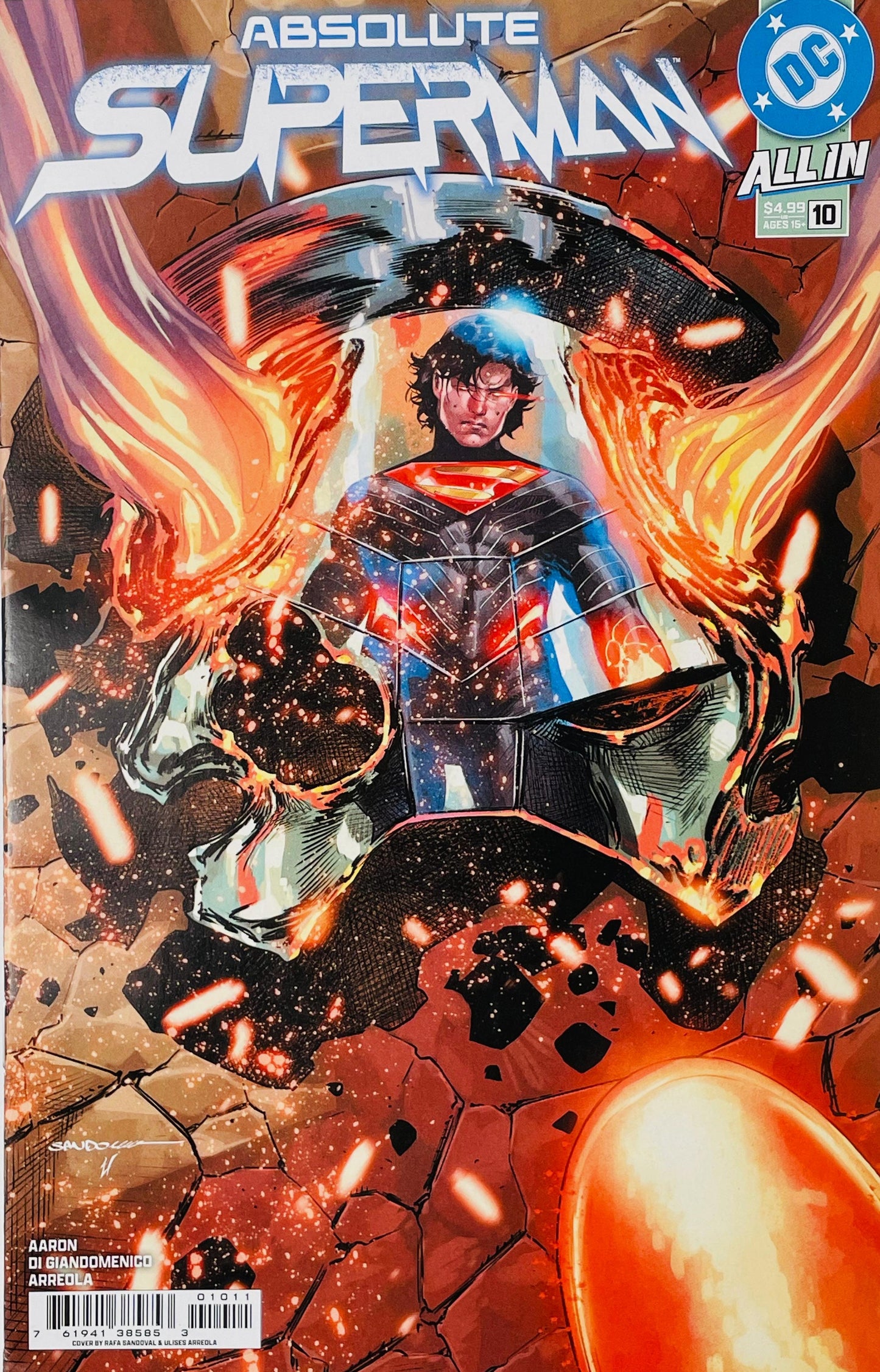 Absolute Superman issue 10 cover featuring a long-haired, armored Superman with glowing red heat vision inside a fiery, cracked shield motif.