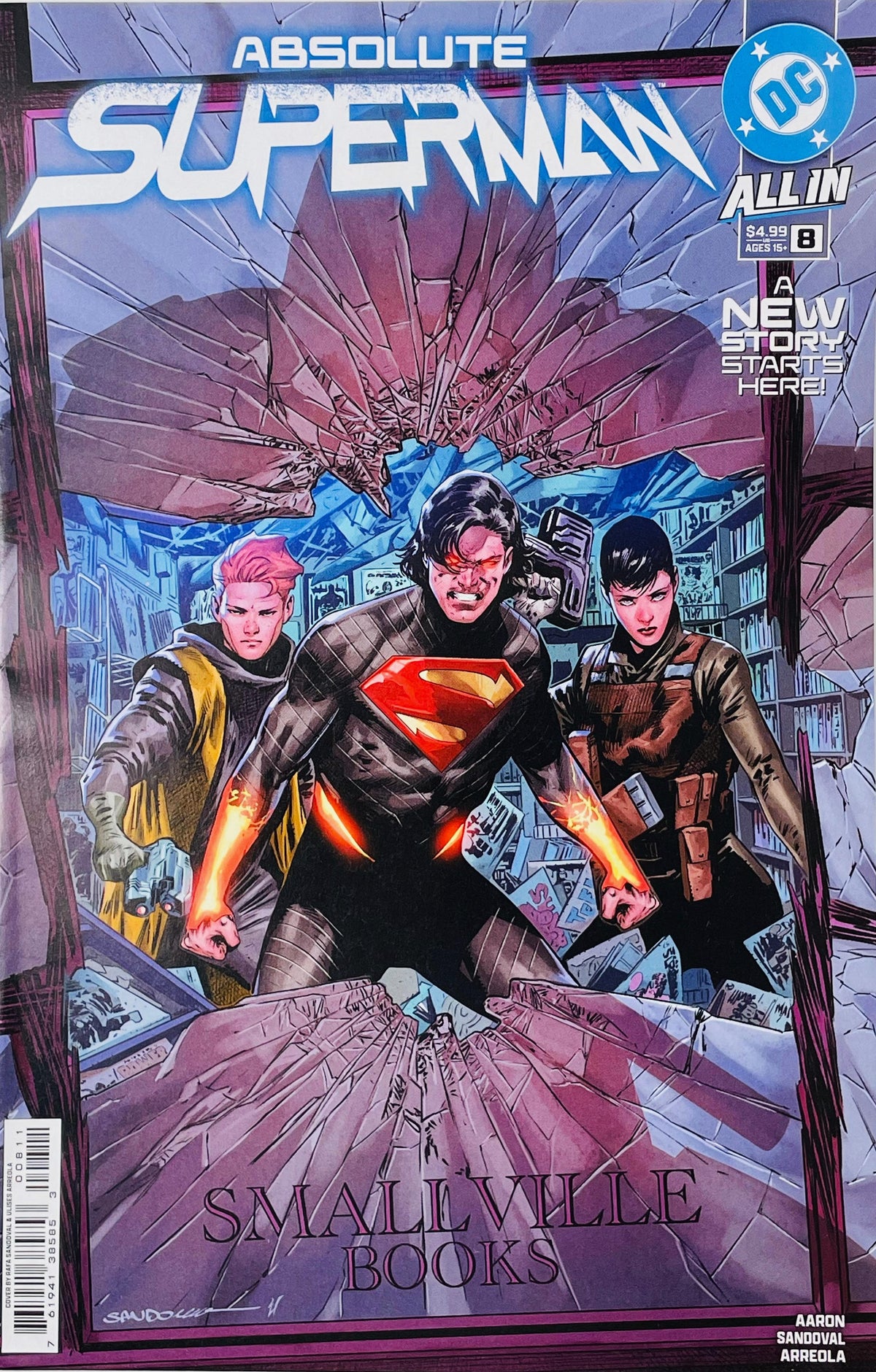 Absolute Superman issue 8 cover showing a dark-suited Superman with glowing hands and two allies breaking through the broken glass window of Smallville Books.