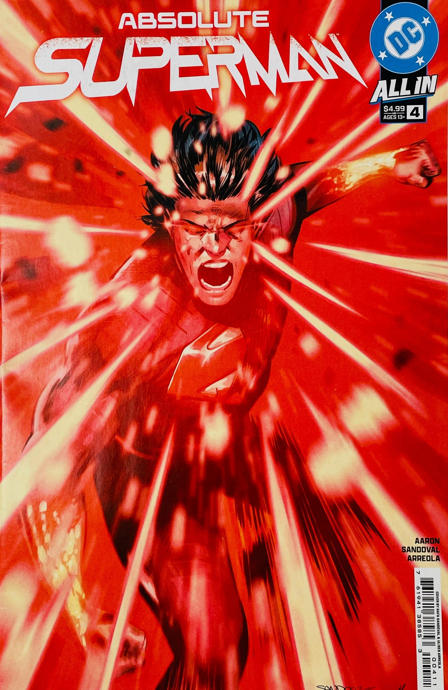 Absolute Superman issue 4 cover showing a screaming Superman blasting intense crimson heat vision in all directions against a fiery background.