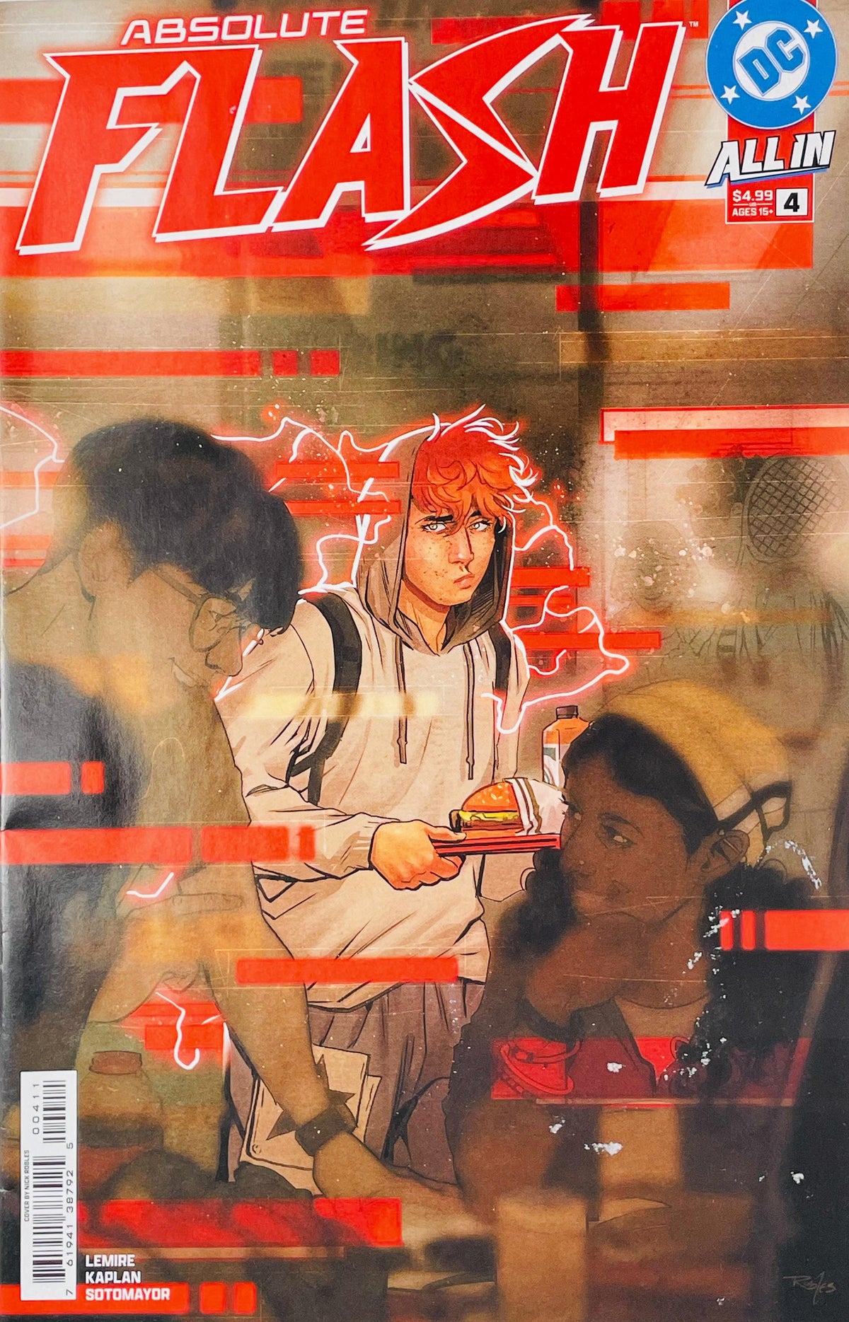 Absolute Flash issue 4 cover by Nick Robles depicting a red-haired teenager in a hoodie holding a food tray surrounded by glowing red speed force outlines and glitch effects.