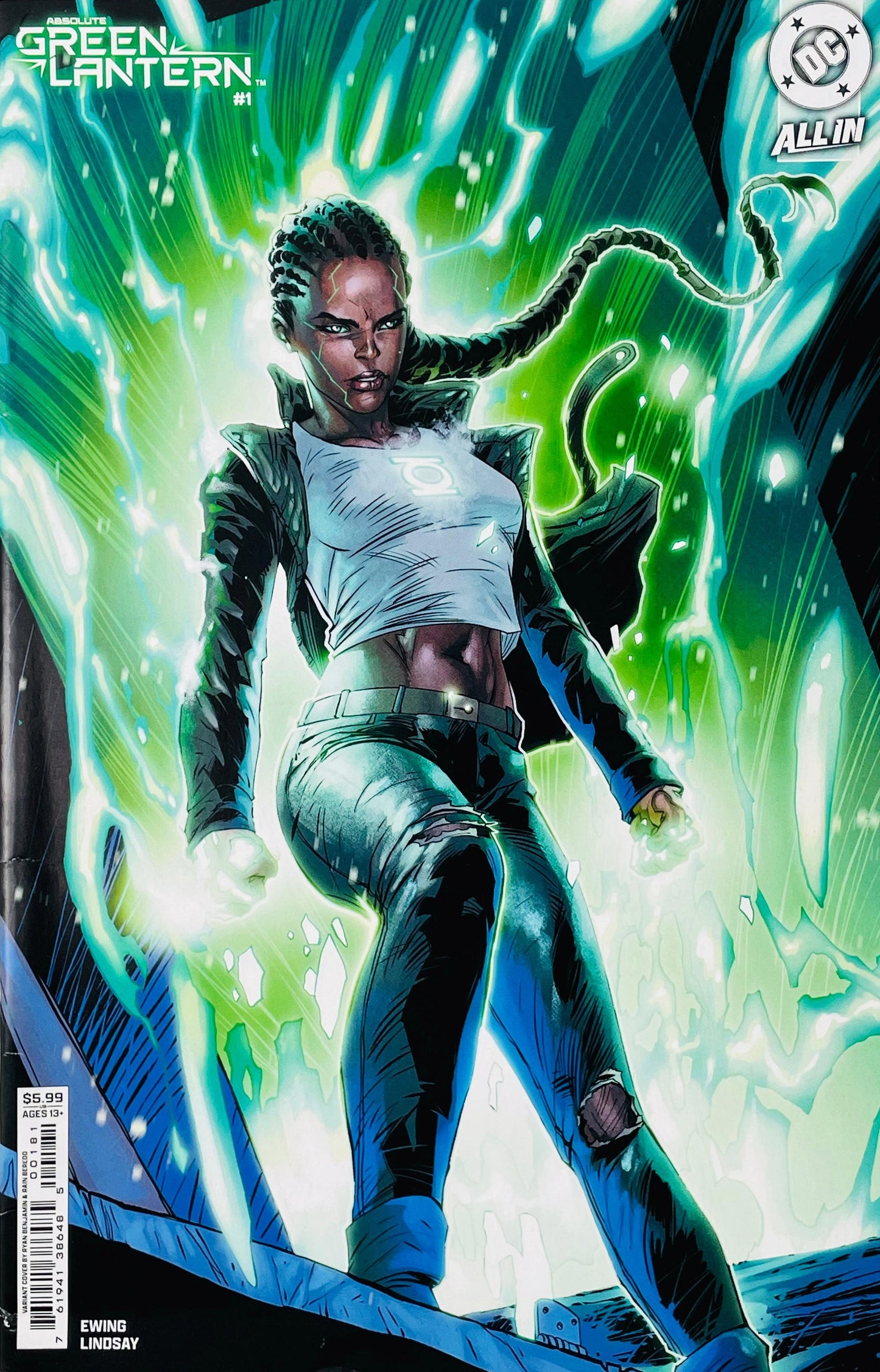 Absolute Green Lantern issue 1 variant cover by Ryan Benjamin featuring Jo Mullein surrounded by glowing green energy with fists clenched.