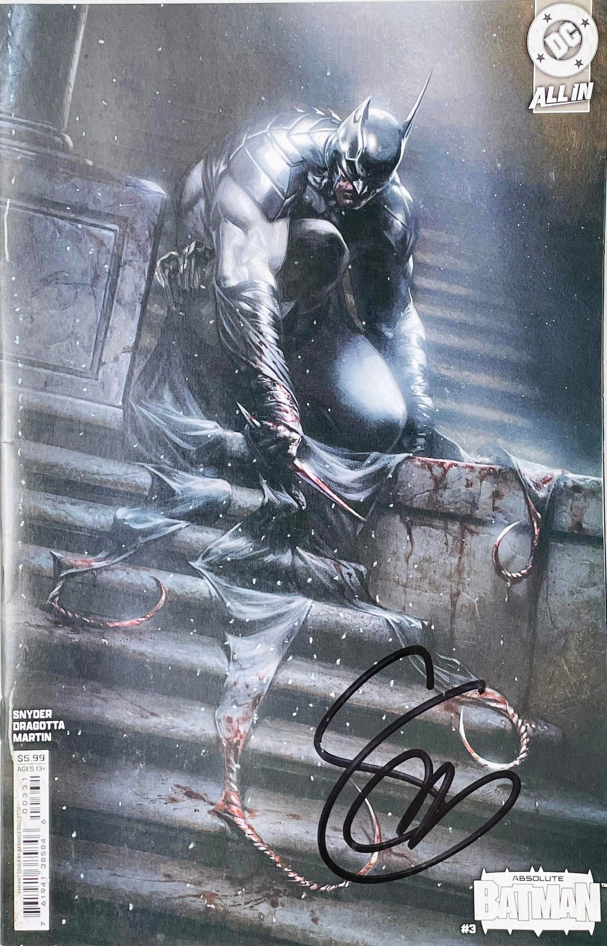 Signed Absolute Batman issue 3 variant cover by Gabriele Dell'Otto depicting an armored Batman crouching on bloody stone steps in snow.