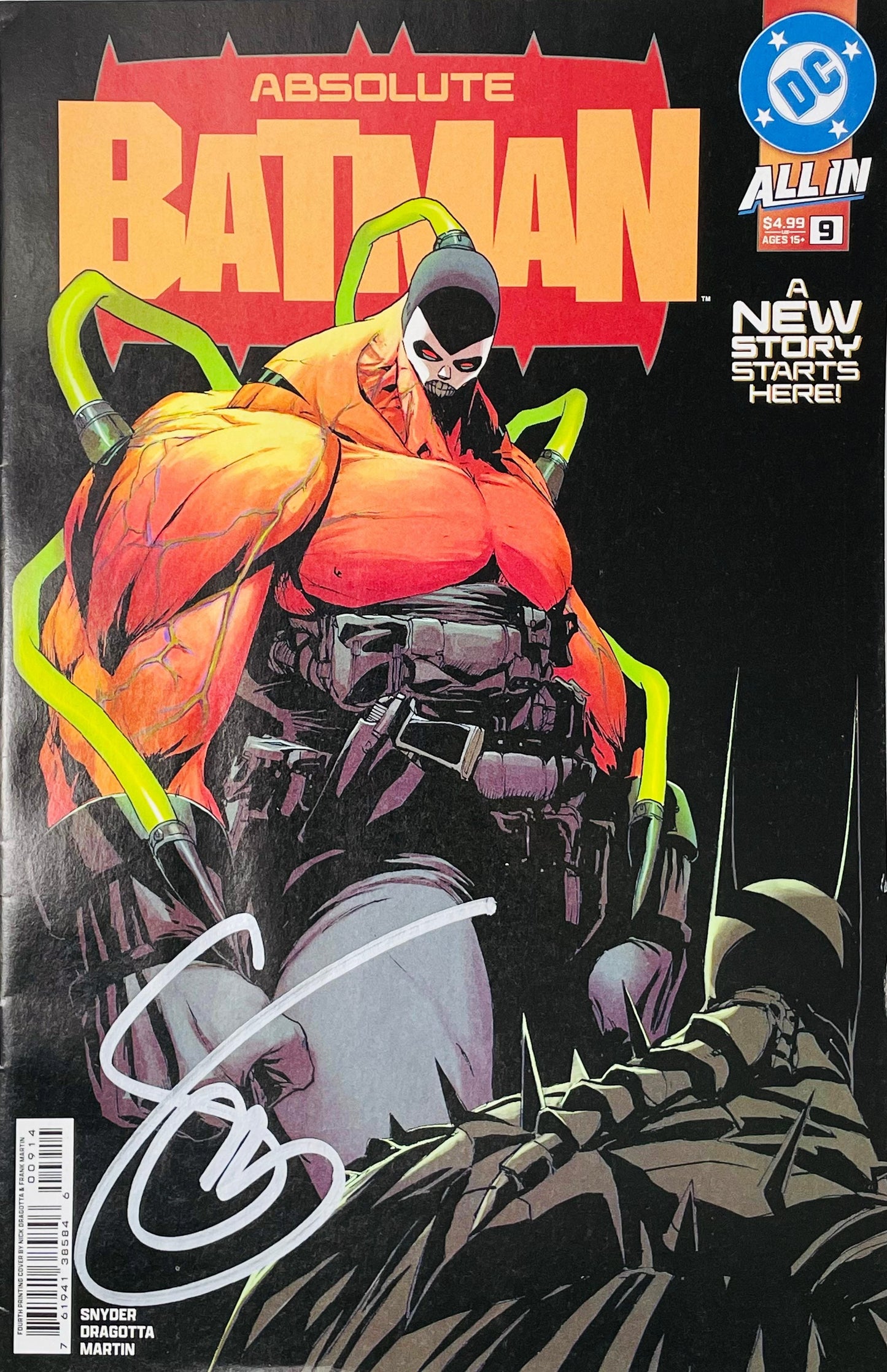 Signed Absolute Batman issue 9 main cover by Nick Dragotta featuring a massive Venom powered Bane staring down Batman with a silver signature.