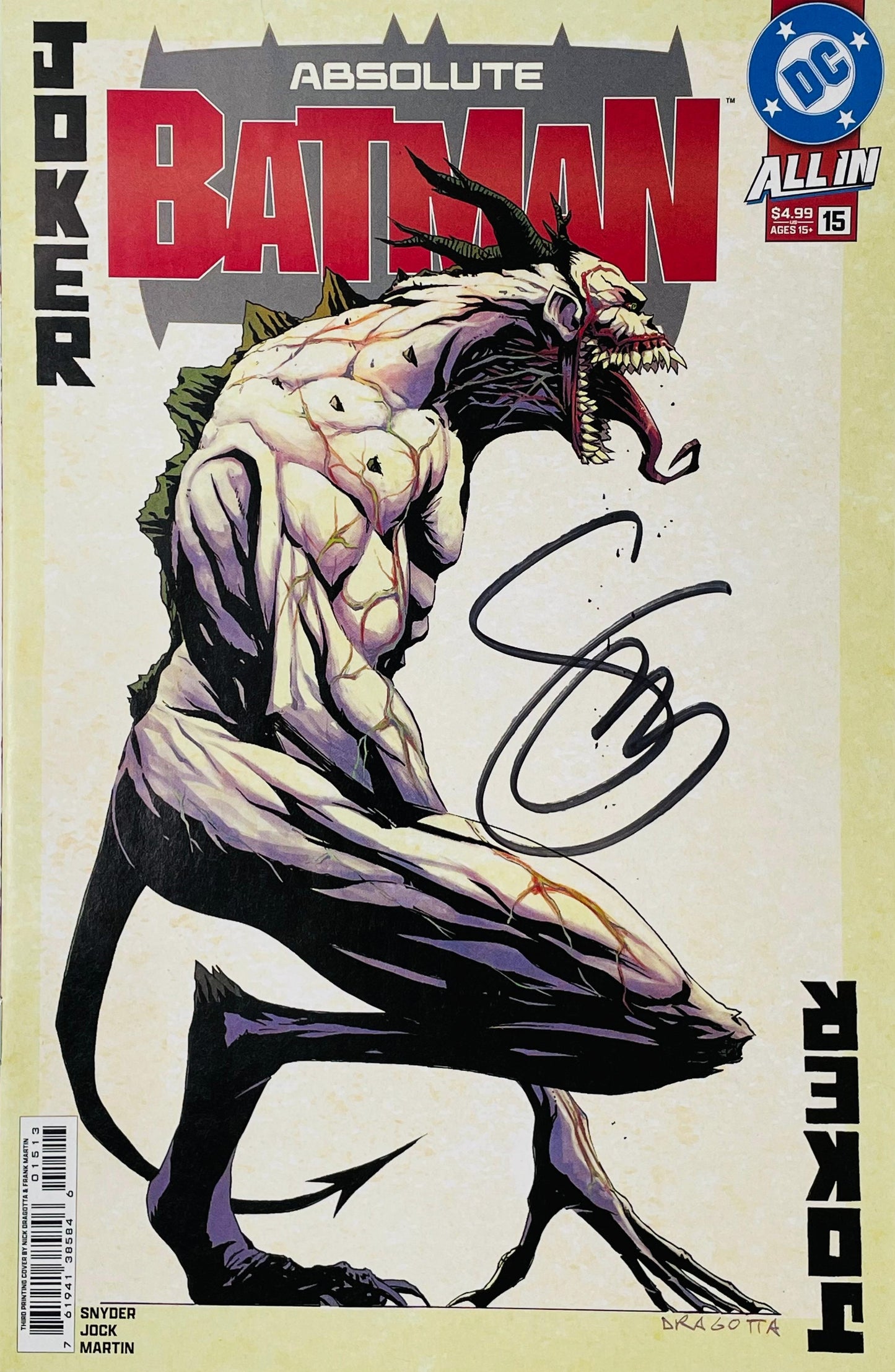 Signed Absolute Batman issue 15 cover by Nick Dragotta showing a demonic white Joker creature snarling with vertical Joker text and a black signature.