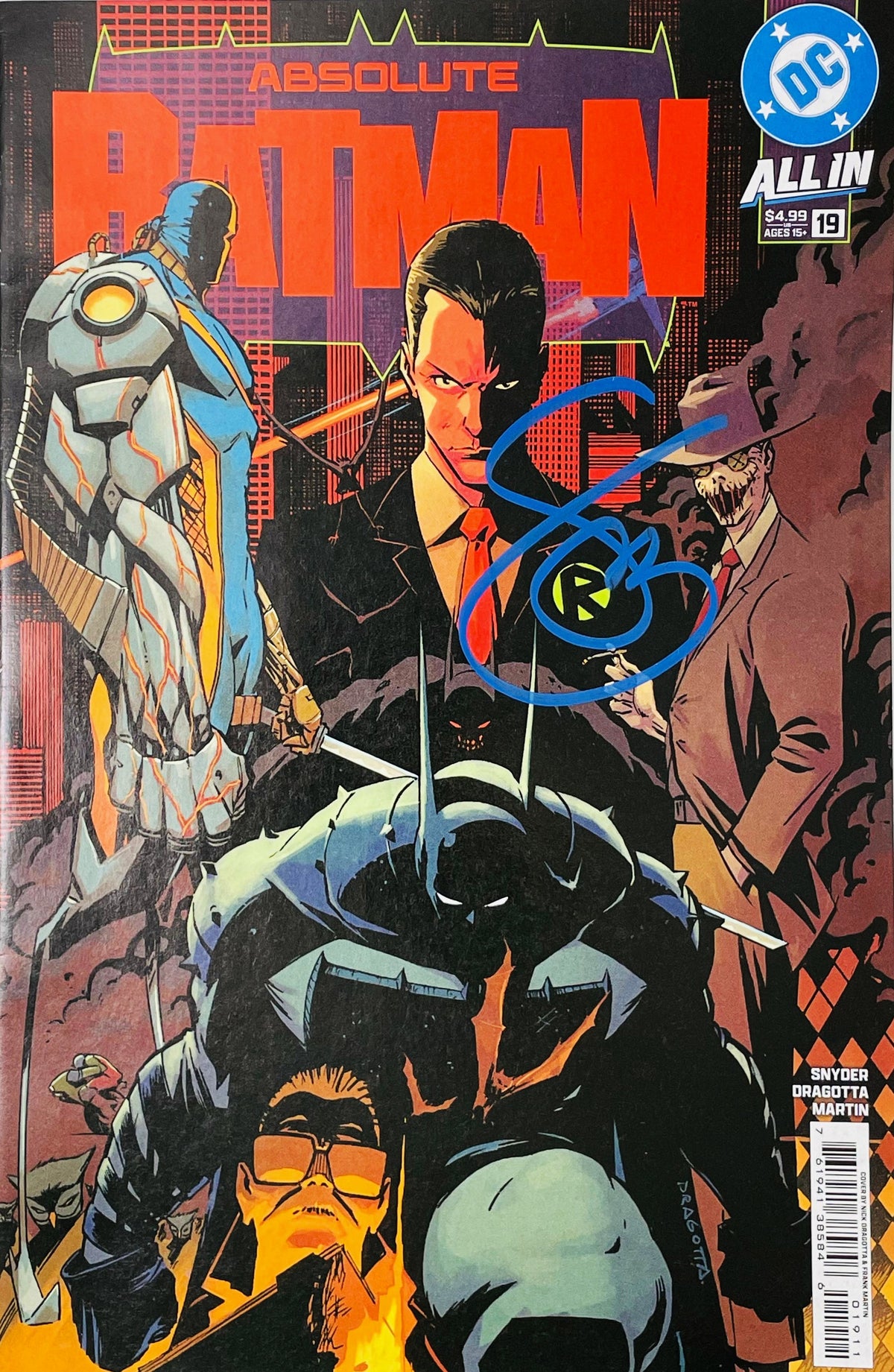 Signed Absolute Batman issue 19 cover by Nick Dragotta featuring Deathstroke and Batman with a blue paint pen signature.