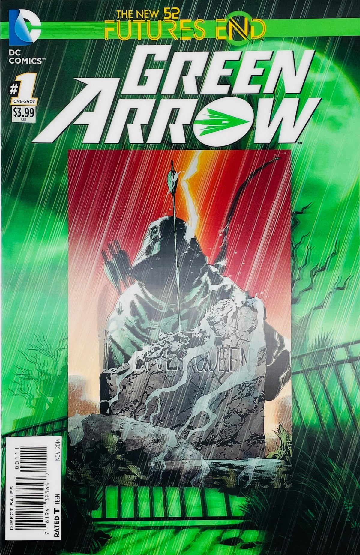 Green Arrow Futures End issue 1 3D motion lenticular cover featuring Oliver Queen's grave marker in torrential rain with lightning in a green cemetery.