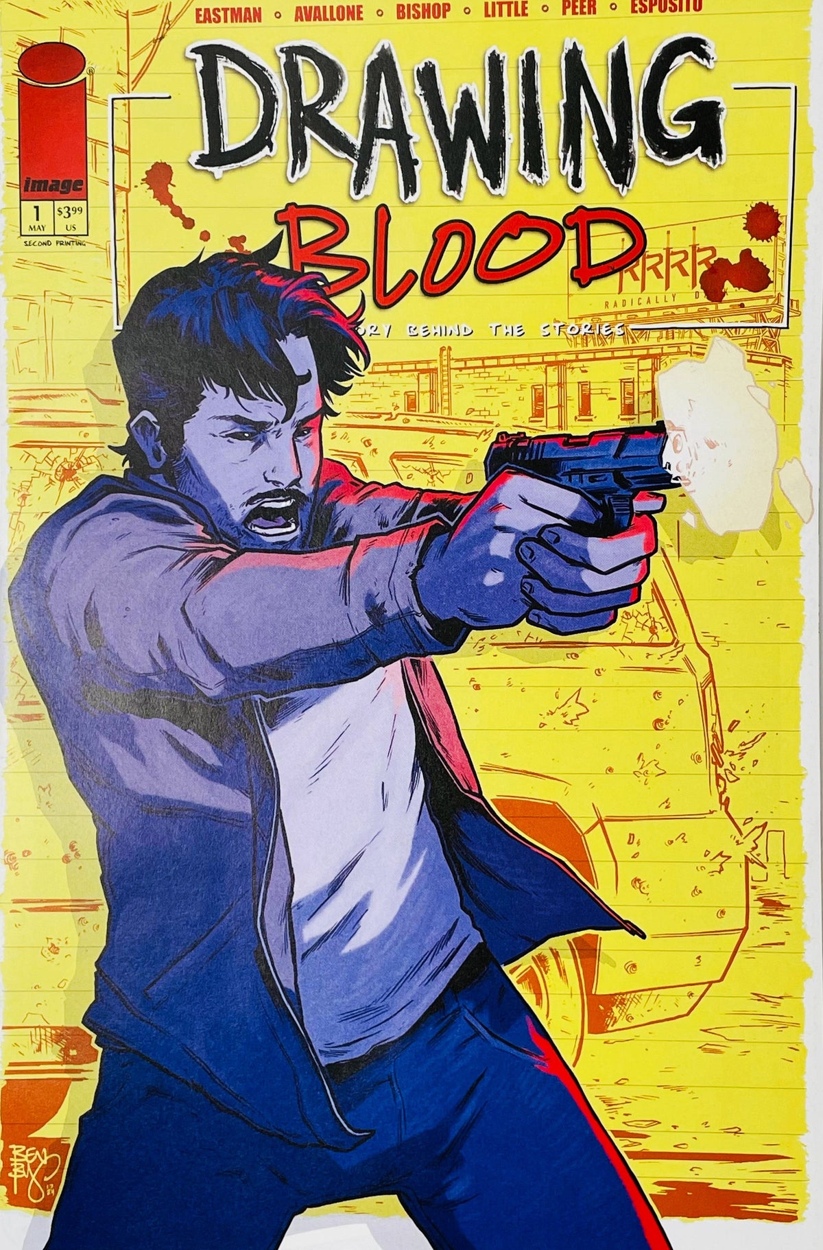 Drawing Blood #1 second printing Ben Bishop Cover featuring Shane Bookman aiming a handgun in a dramatic urban action scene with bold blue, purple, red and yellow artwork